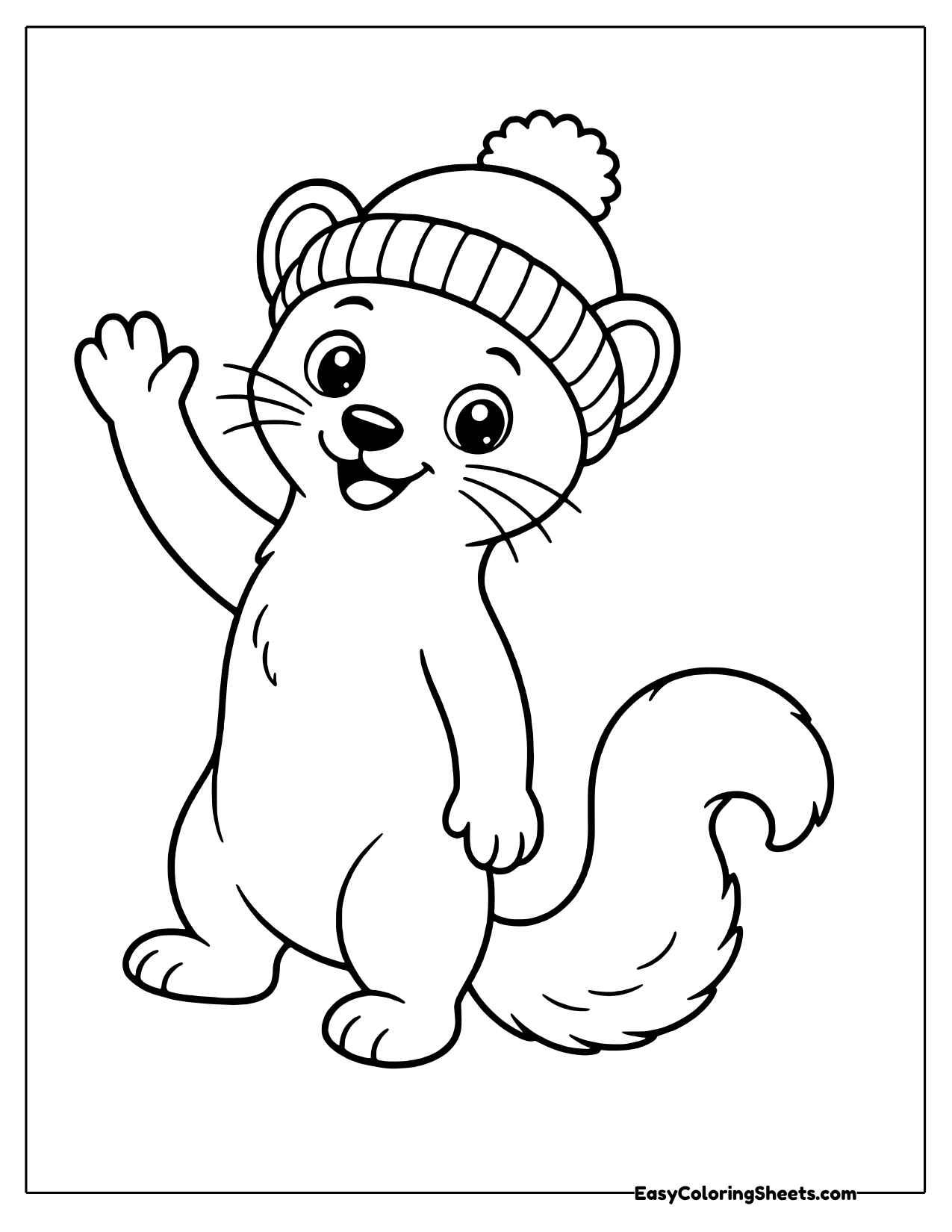 Weasel in a pom pom hat waving hello