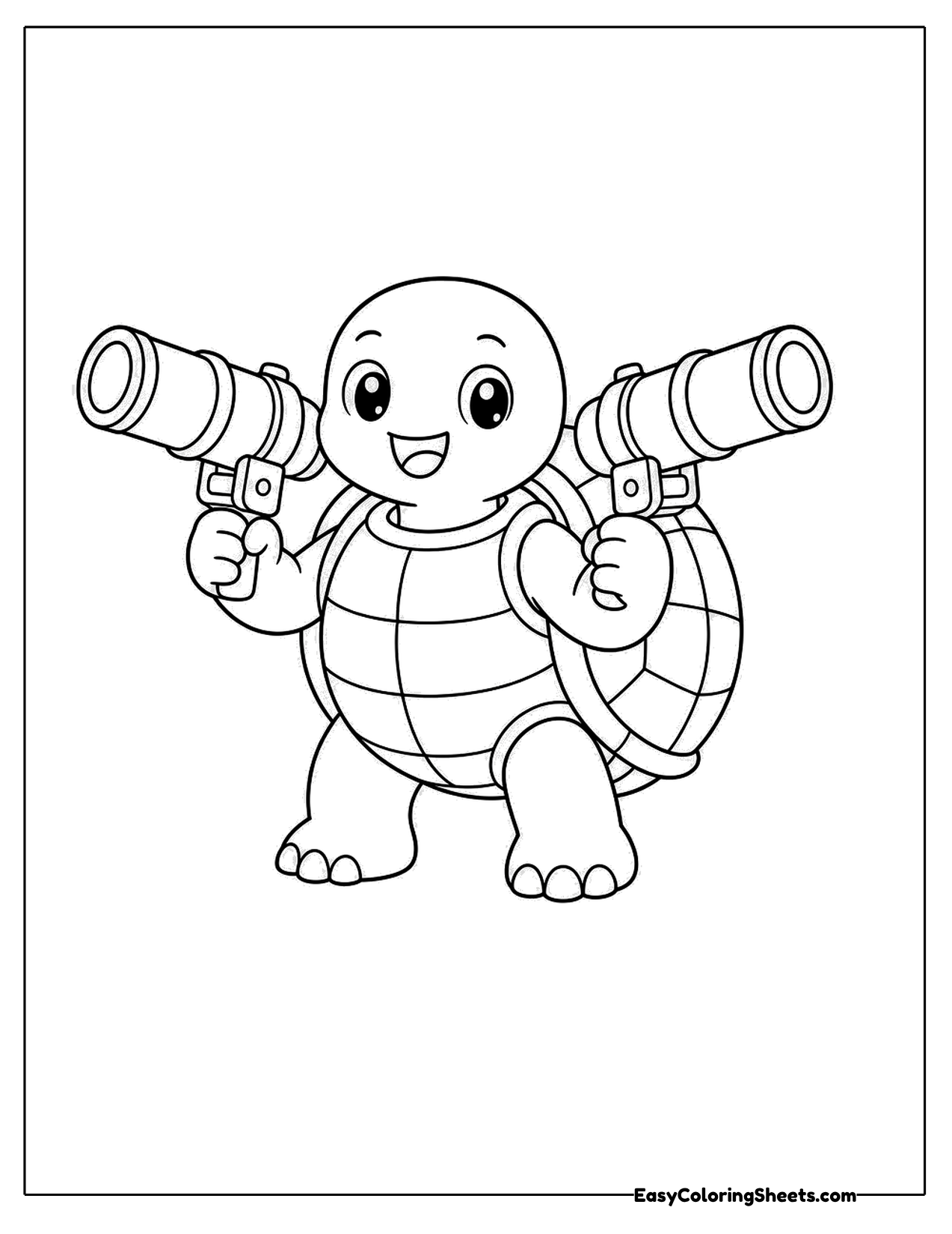 Smiling turtle creature with water cannons