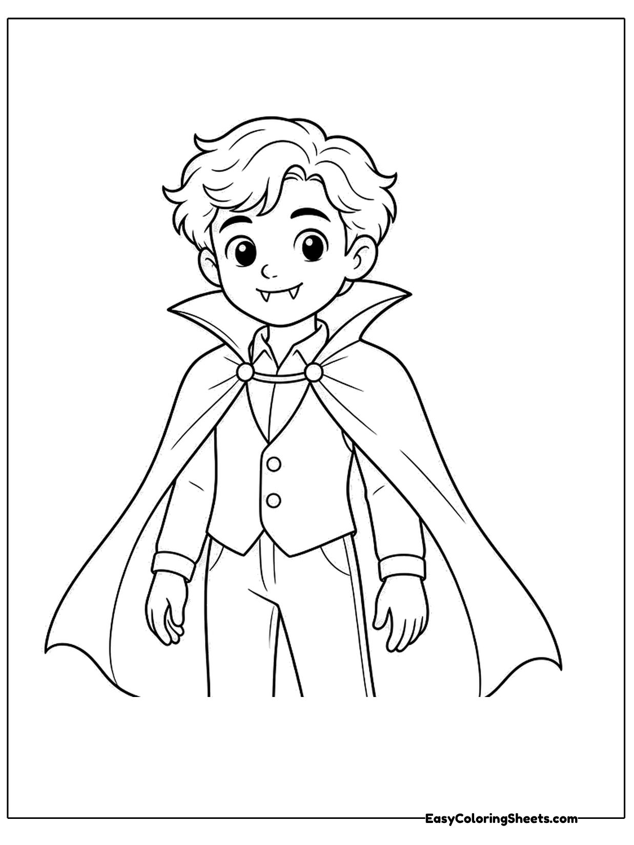 A slender young vampire stands with a long cape sweeping out to the sides and a high collar framing his face.