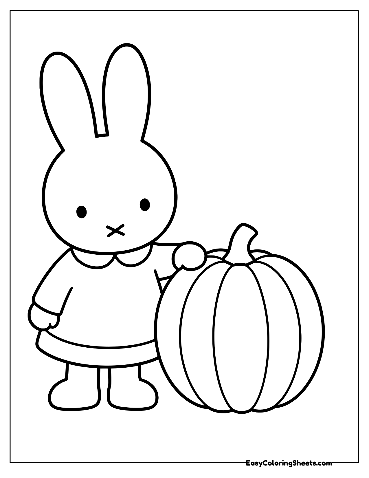 Miffy the bunny standing beside a big pumpkin with a curly stem