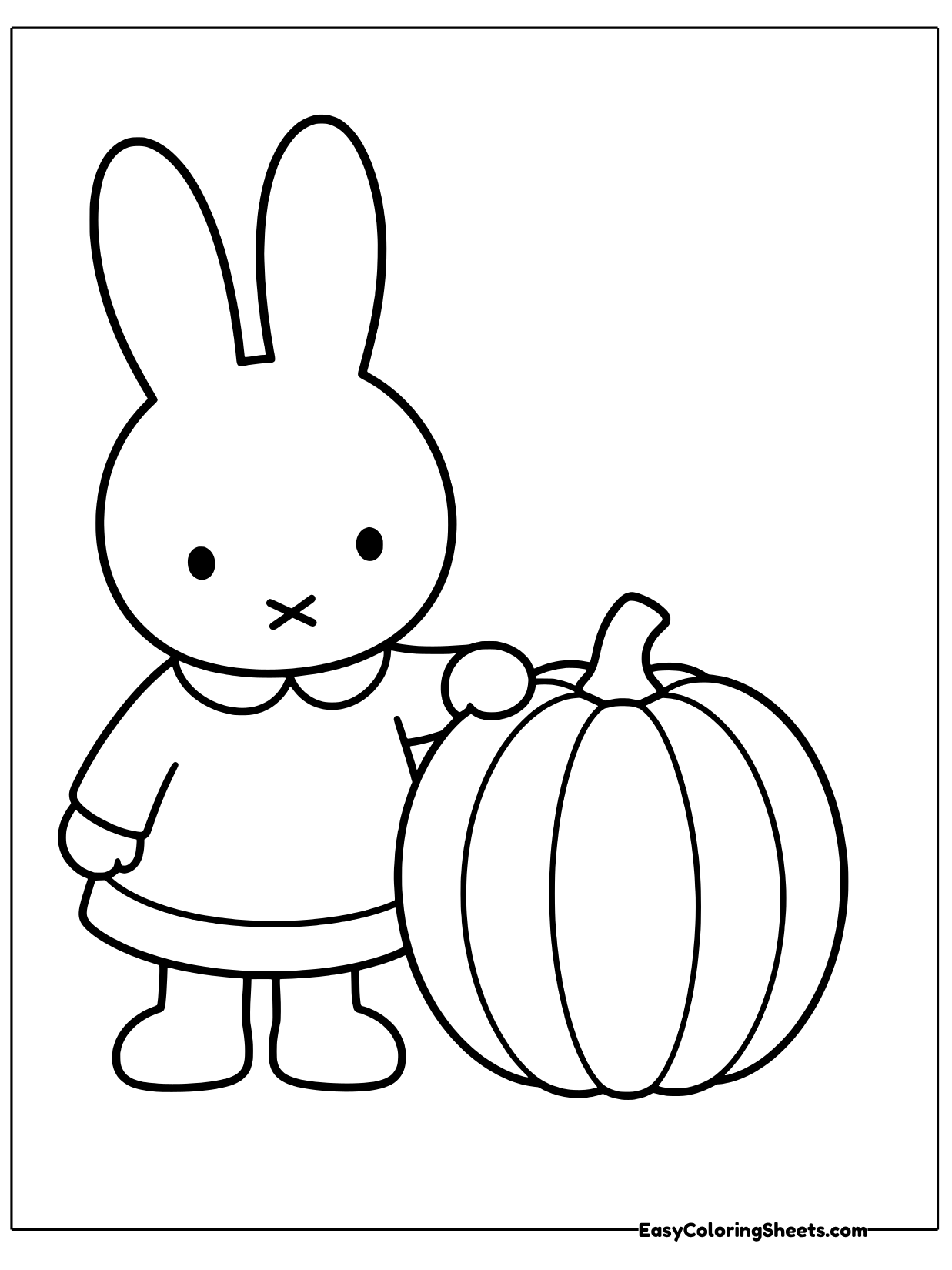 Autumn fun arrives as Miffy stands next to a giant round pumpkin in this seasonal coloring sheet.