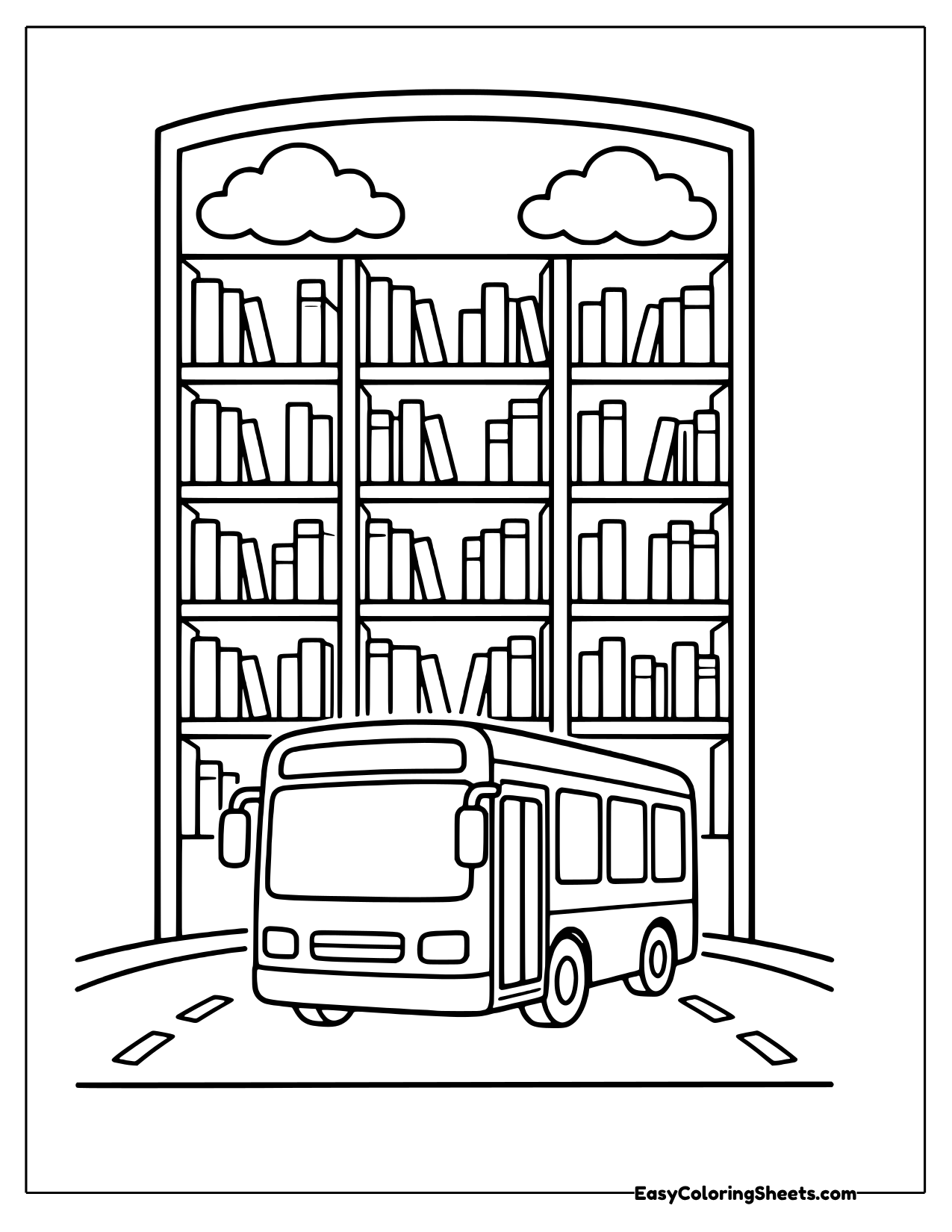 Bus parked in front of a library bookshelf