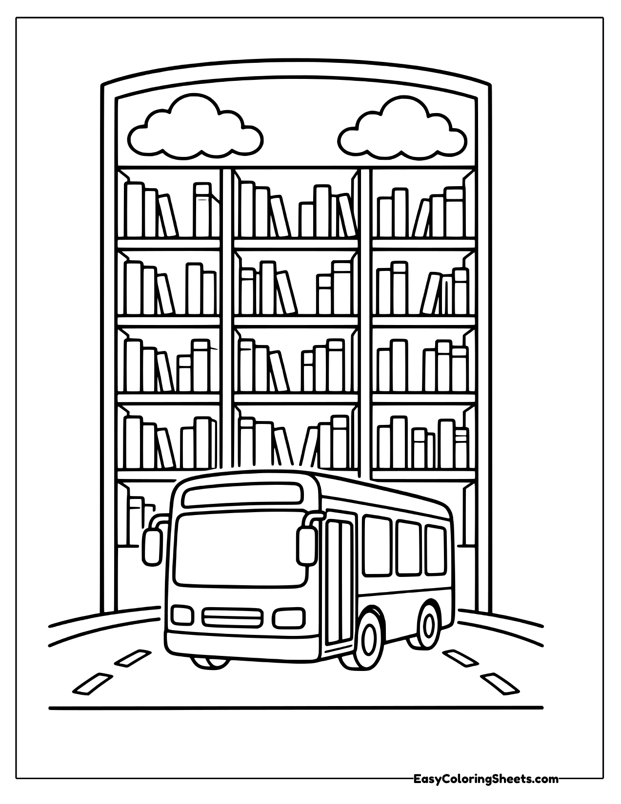 Bus parked in front of a library bookshelf