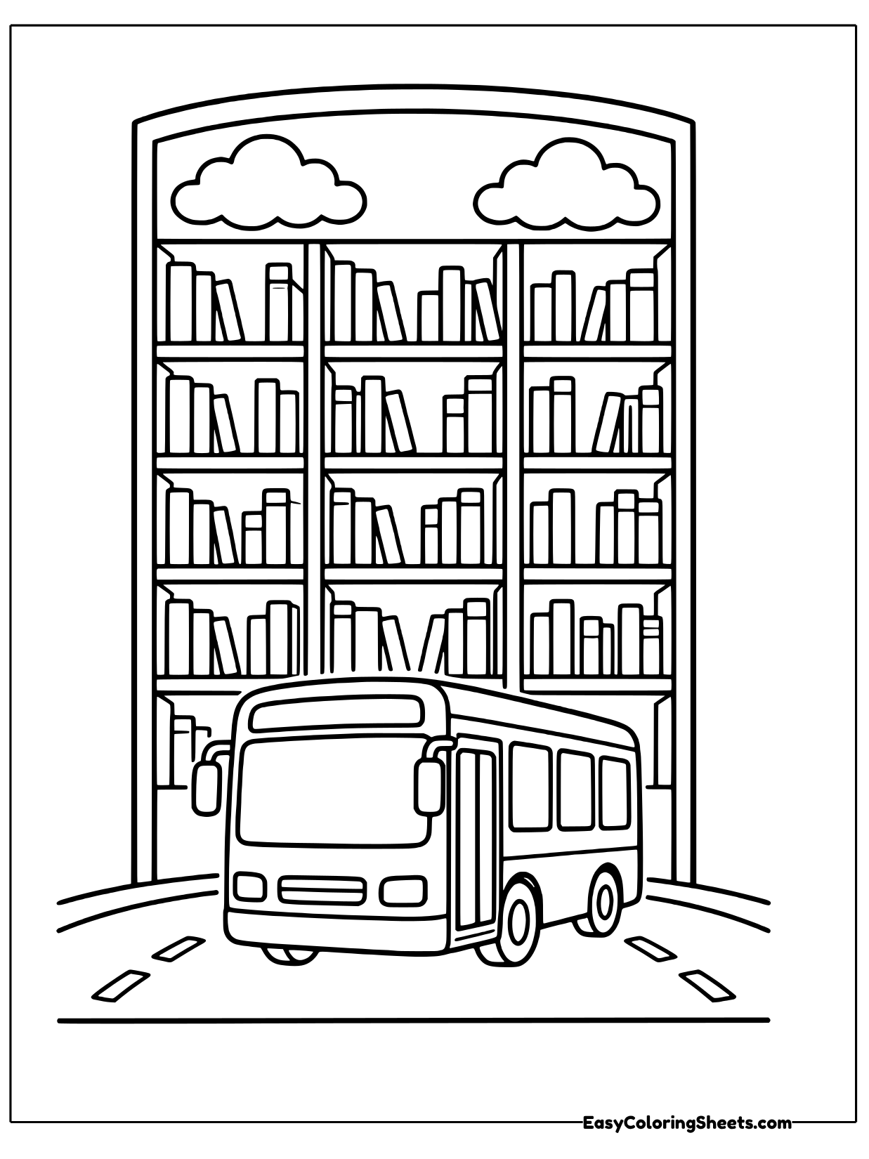 A bus is parked in front of a huge bookshelf packed with books from floor to ceiling.