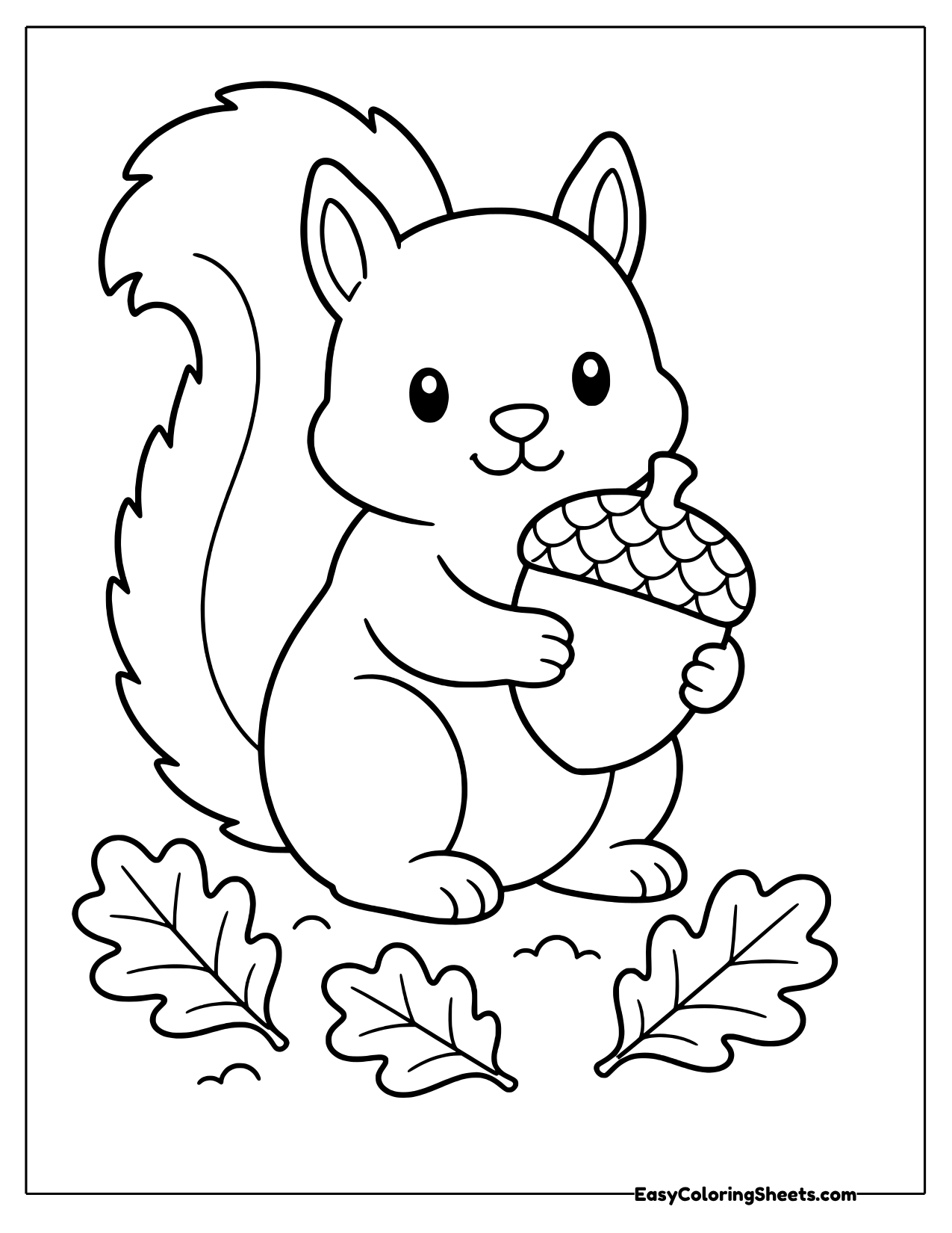 Squirrel hugging a big acorn beside oak leaves