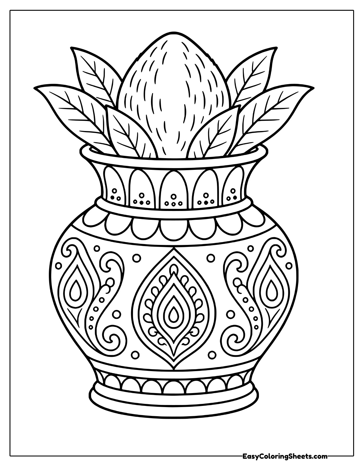 Patterned kalash pot with paisley designs topped by mango leaves and a coconut