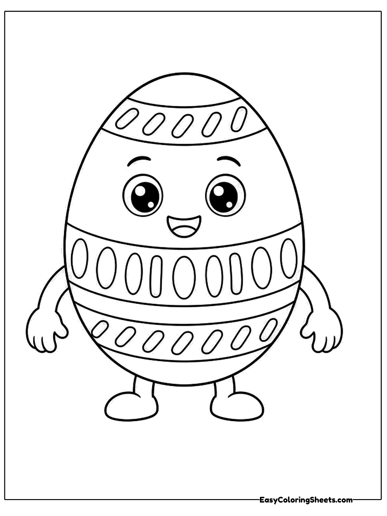 A decorated Easter egg with a happy face, little arms and legs stands with zigzag and dot patterns across its shell.