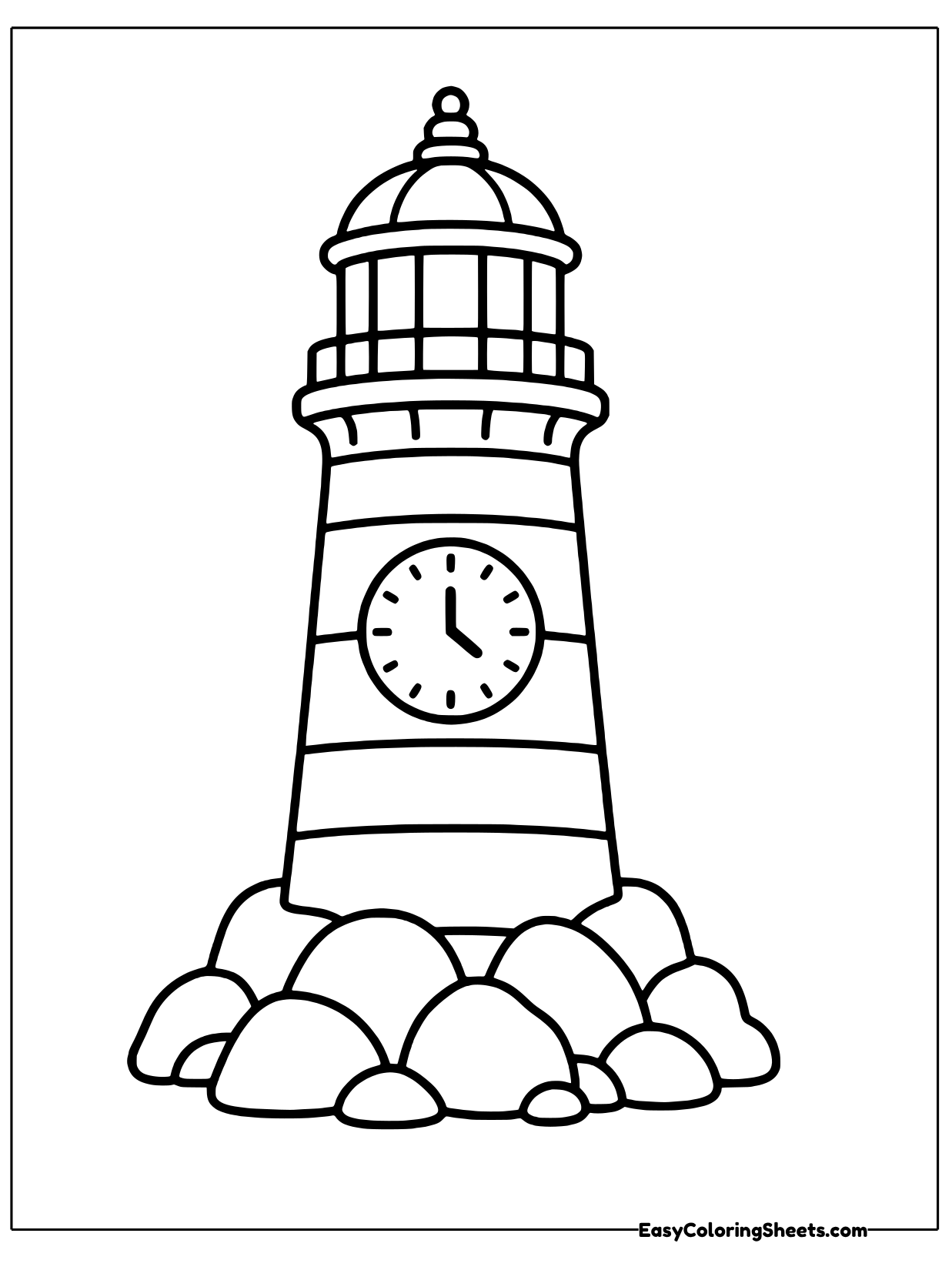 A striped lighthouse rises from a pile of rocks with a round clock set into its tower below the lamp room.