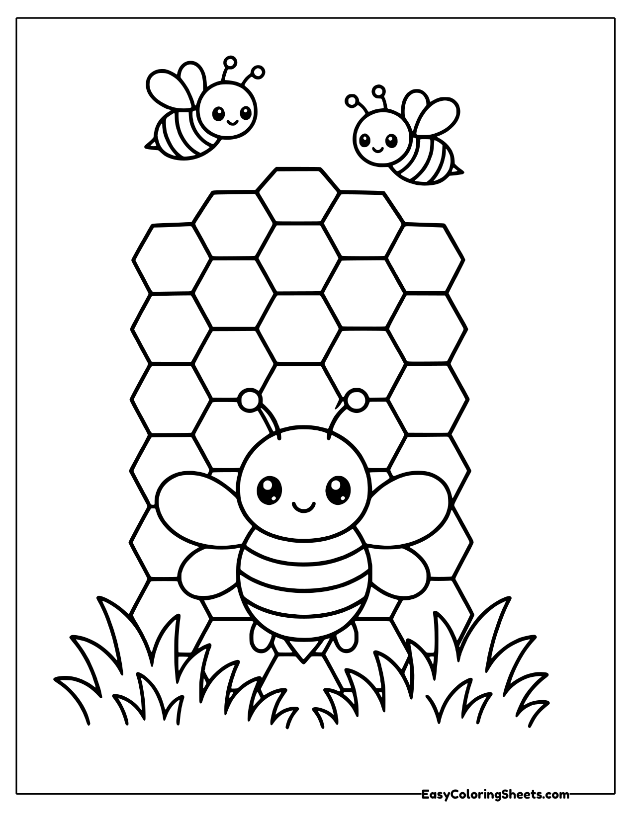 Bee in front of a wide honeycomb tower