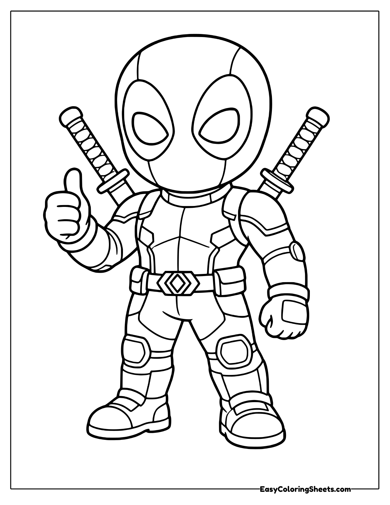 Chibi Deadpool giving a thumbs up in his masked suit coloring page