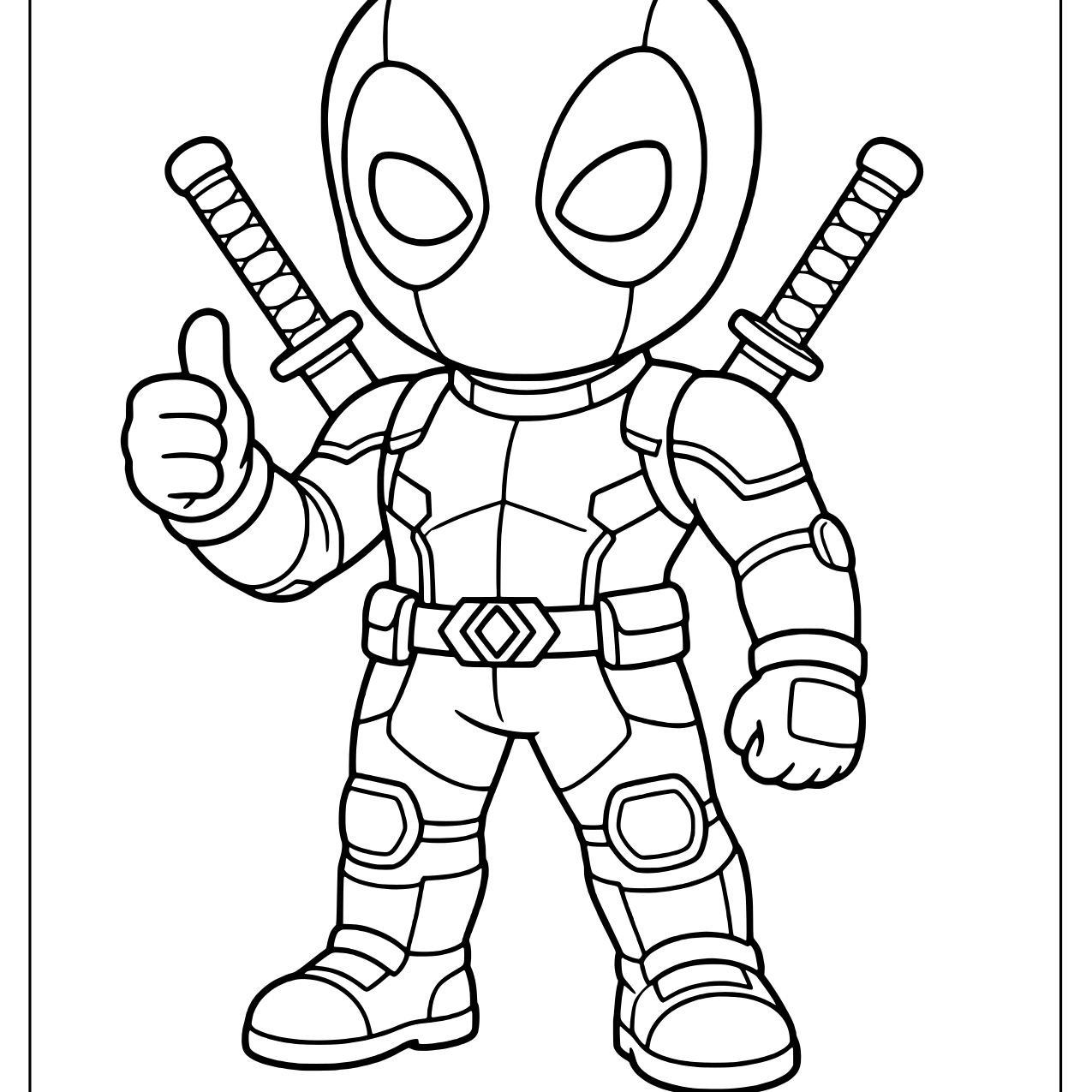 Chibi Deadpool giving a thumbs up in his masked suit coloring page
