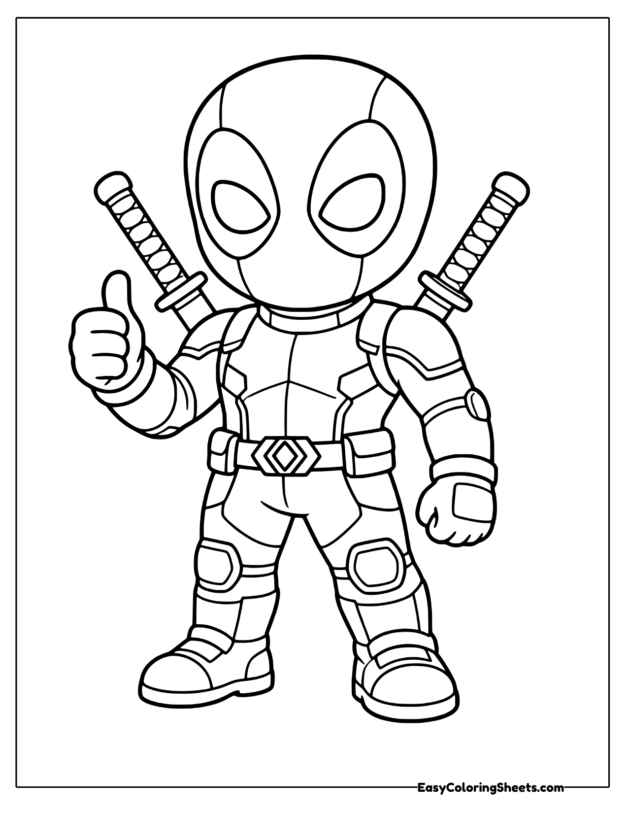 Chibi Deadpool giving a thumbs up in his masked suit coloring page