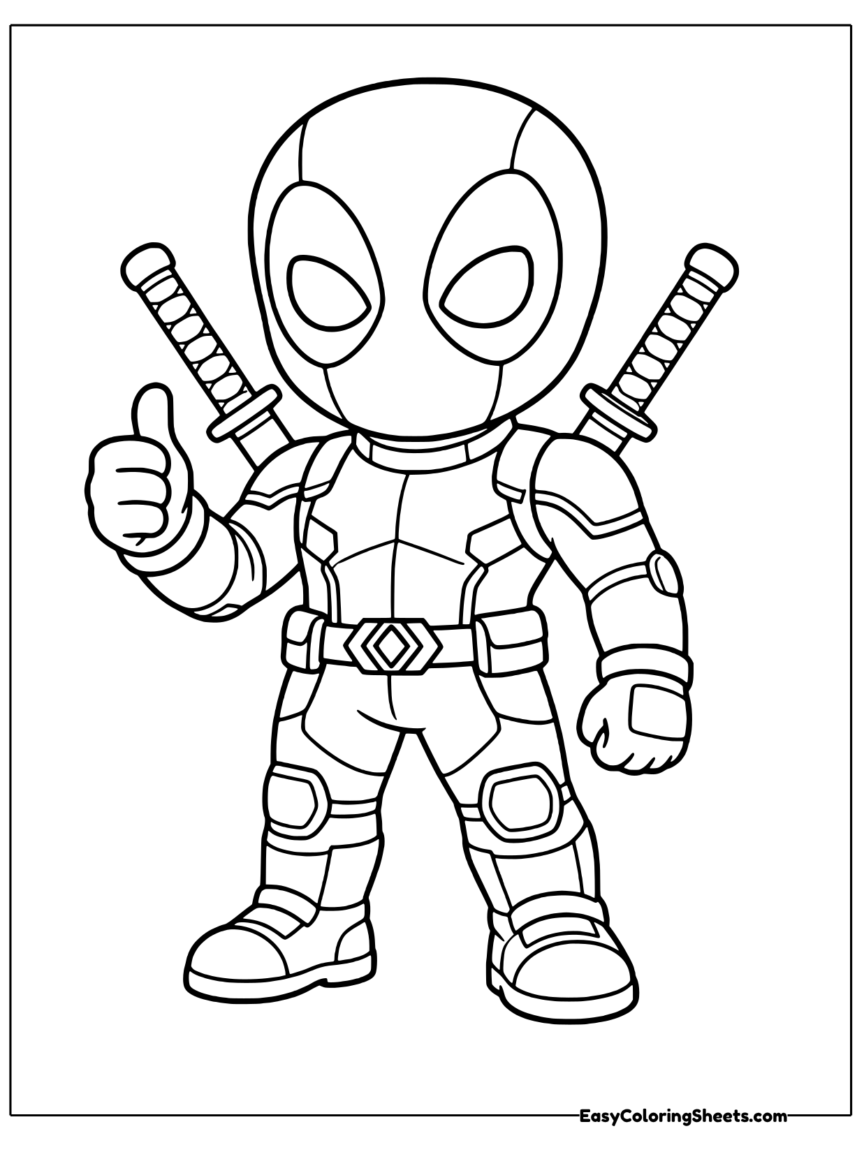 Cute chibi Deadpool flashes a friendly thumbs up in his classic masked suit, with big eye patches, a chunky belt.