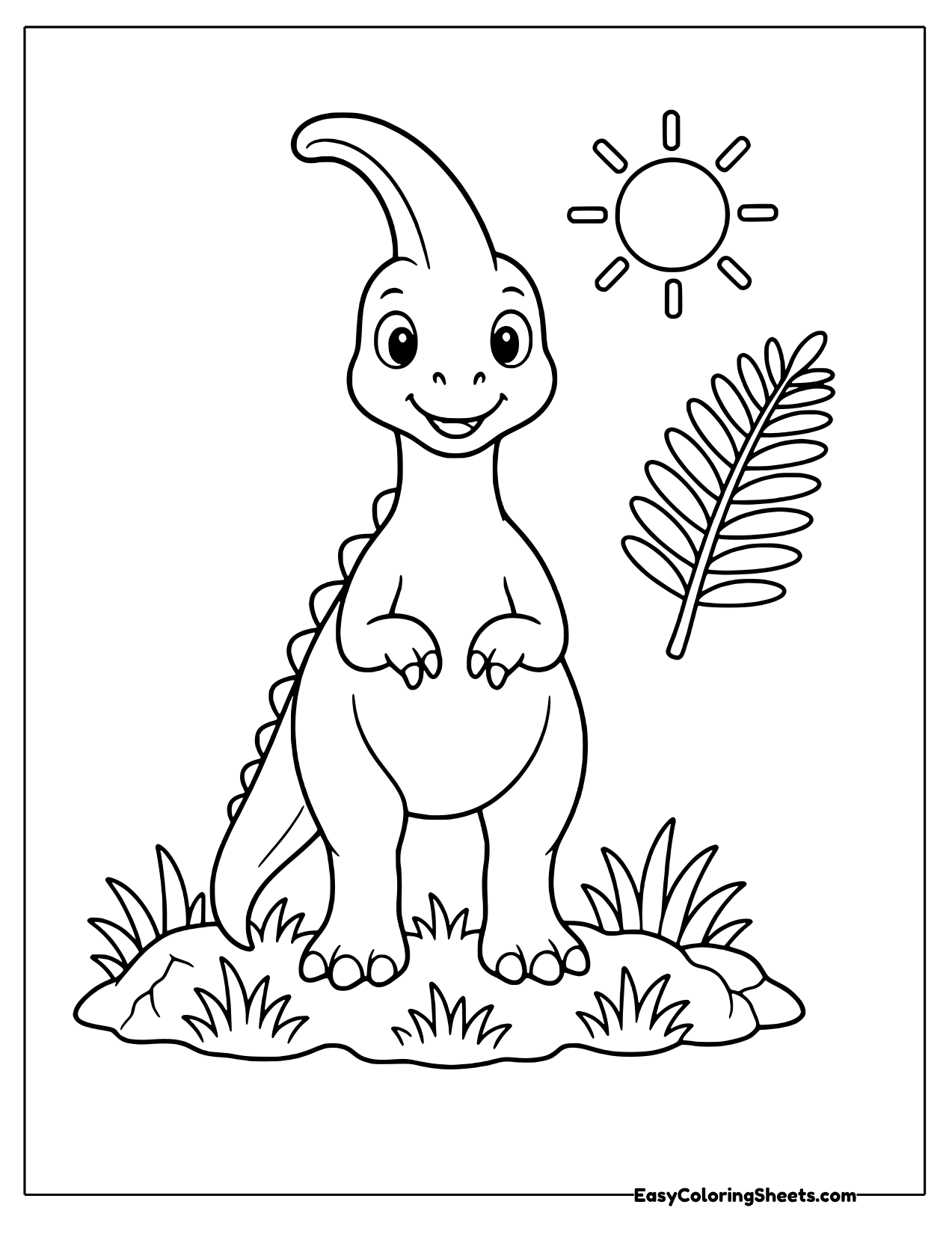 Crested dinosaur standing tall by a fern