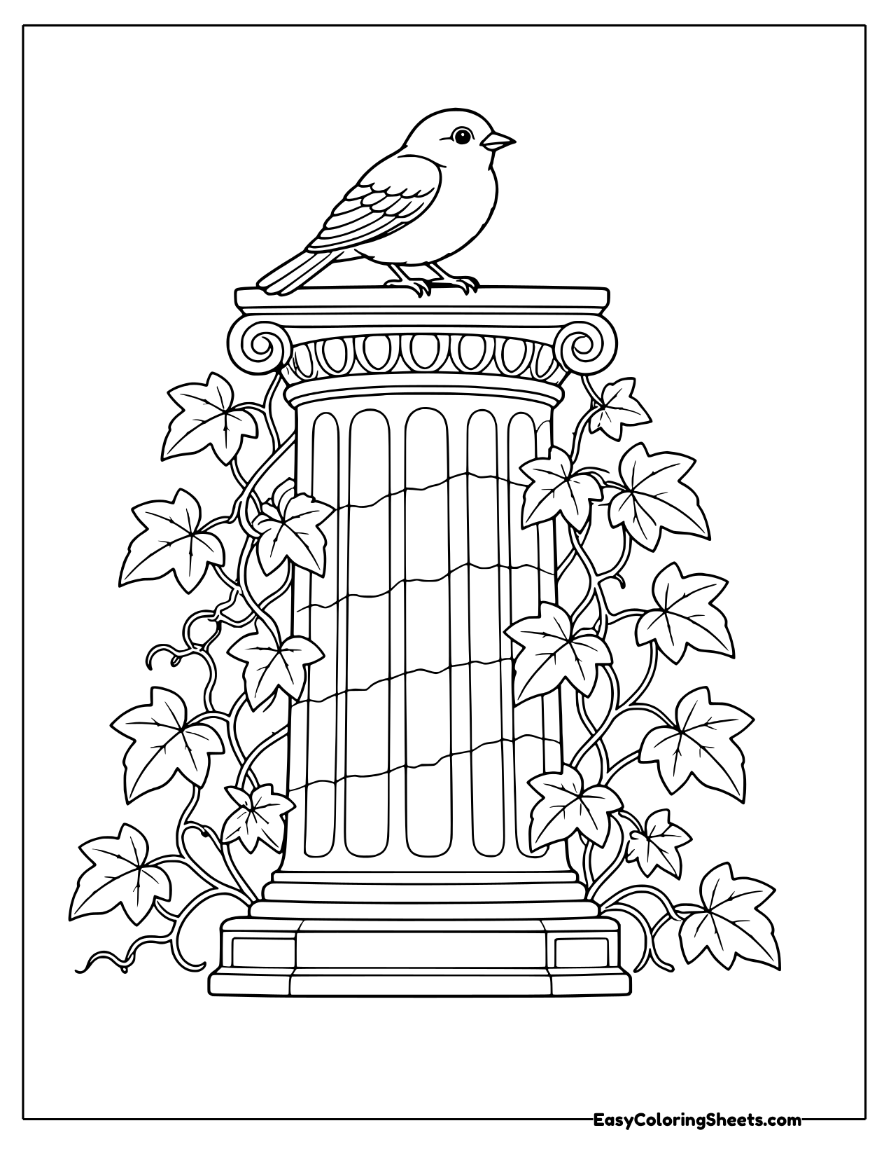 Songbird sitting on a tall ivy covered stone column coloring page
