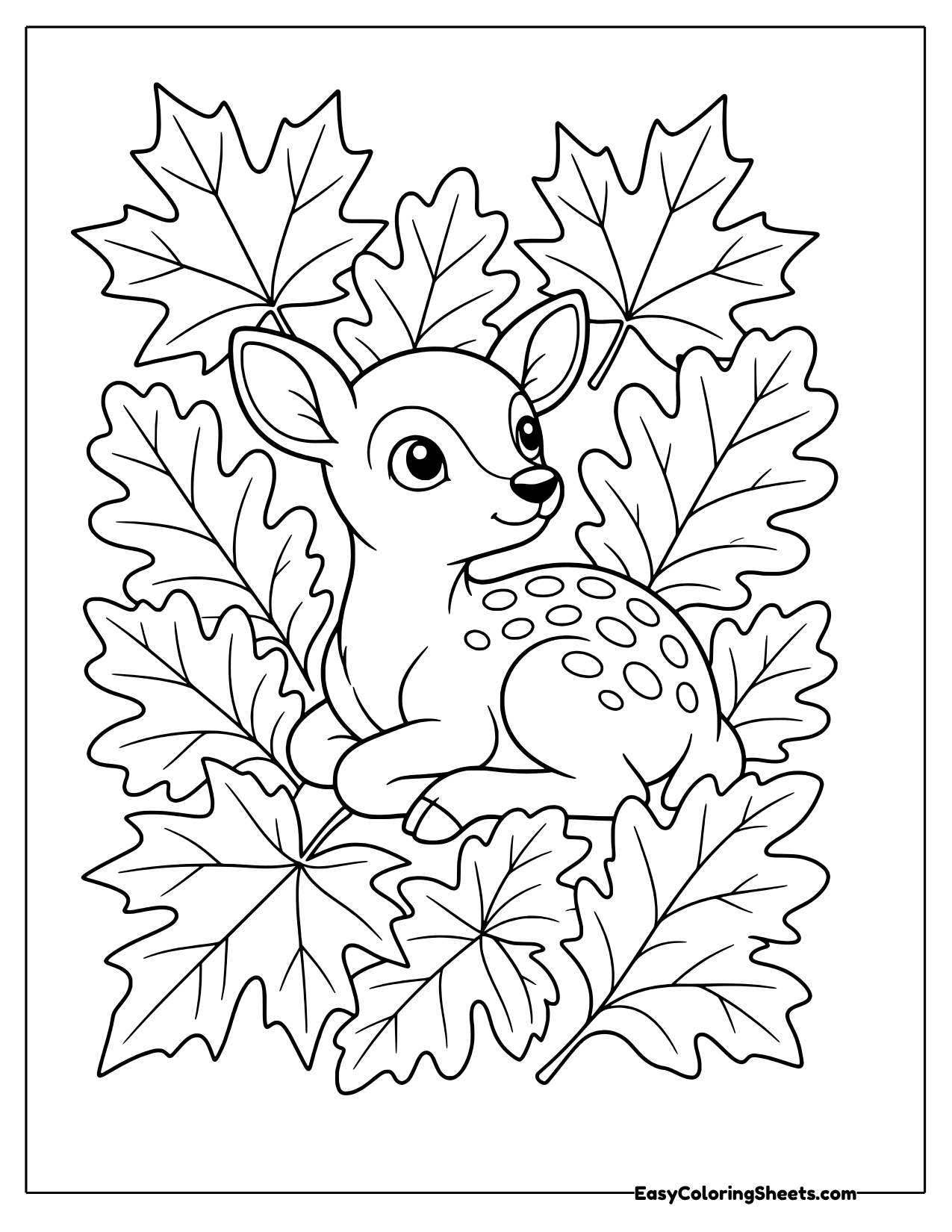 Spotted fawn resting among big autumn leaves