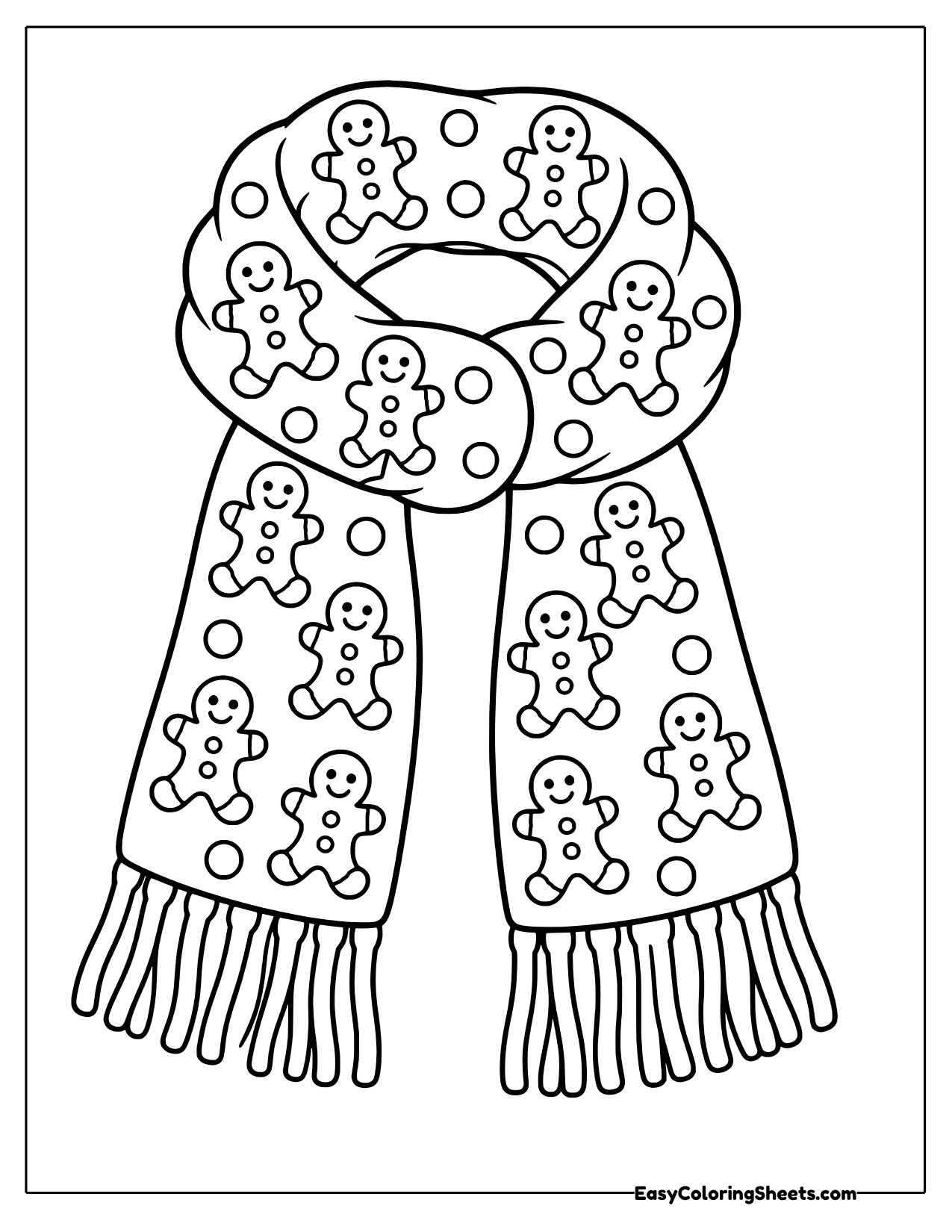 Knit scarf with a gingerbread cookie pattern and fringe