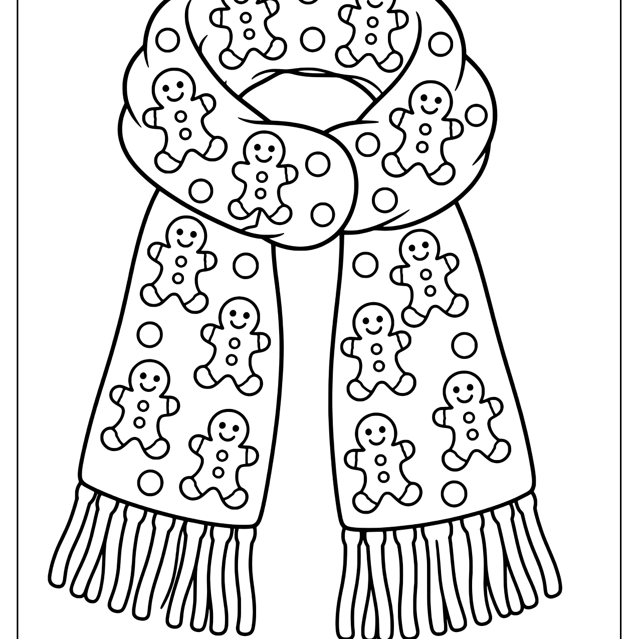 Knit scarf with a gingerbread cookie pattern and fringe