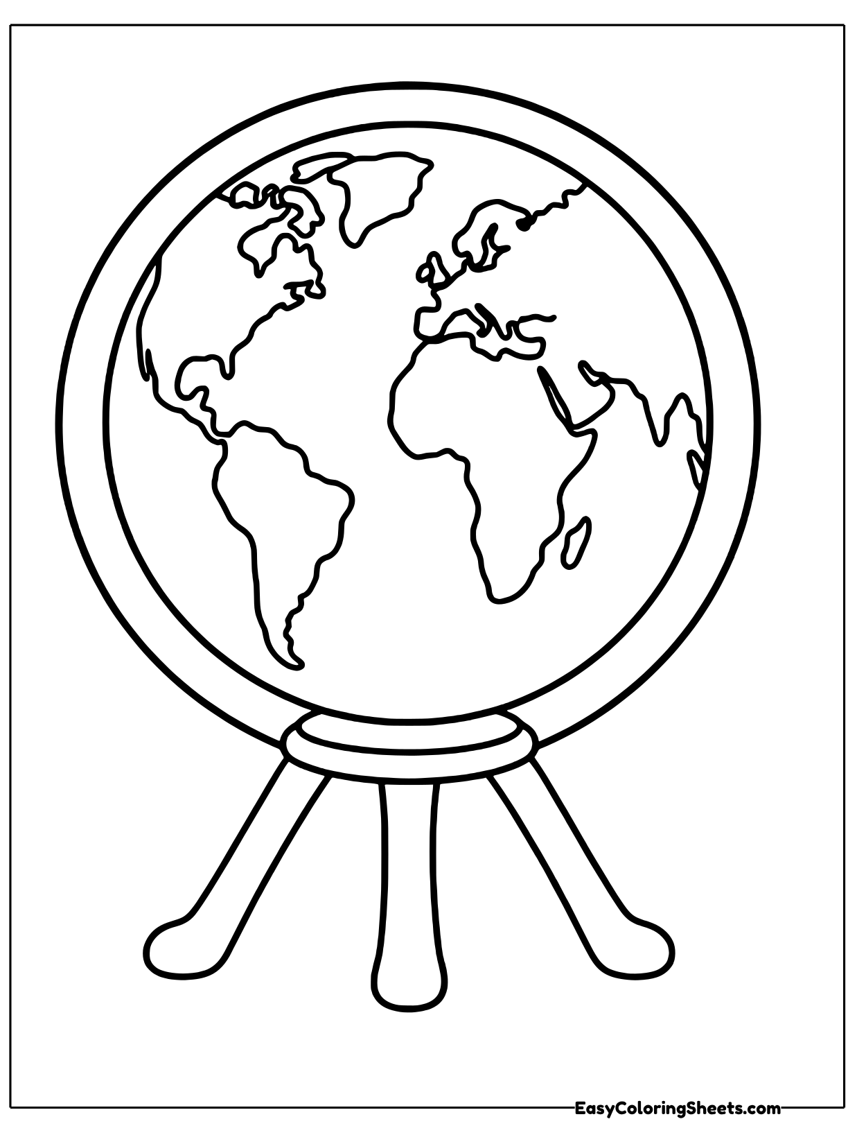 A globe of the Earth sits on a three legged tripod stand.