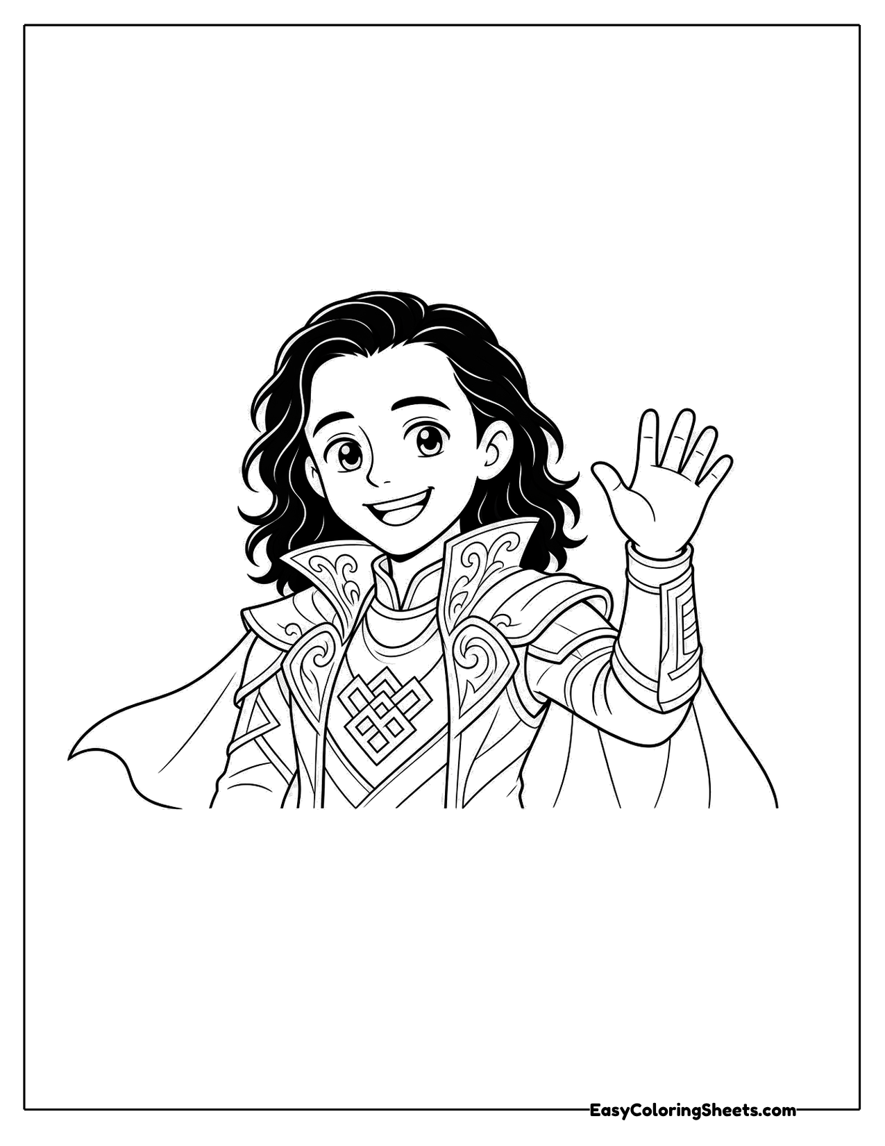 Smiling young sorcerer with long dark hair waving