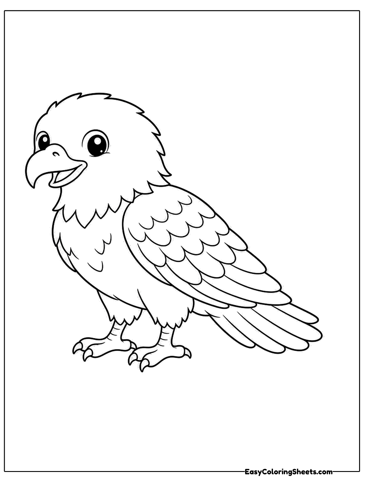 A small cartoon bald eagle stands sideways and looks back over its shoulder.