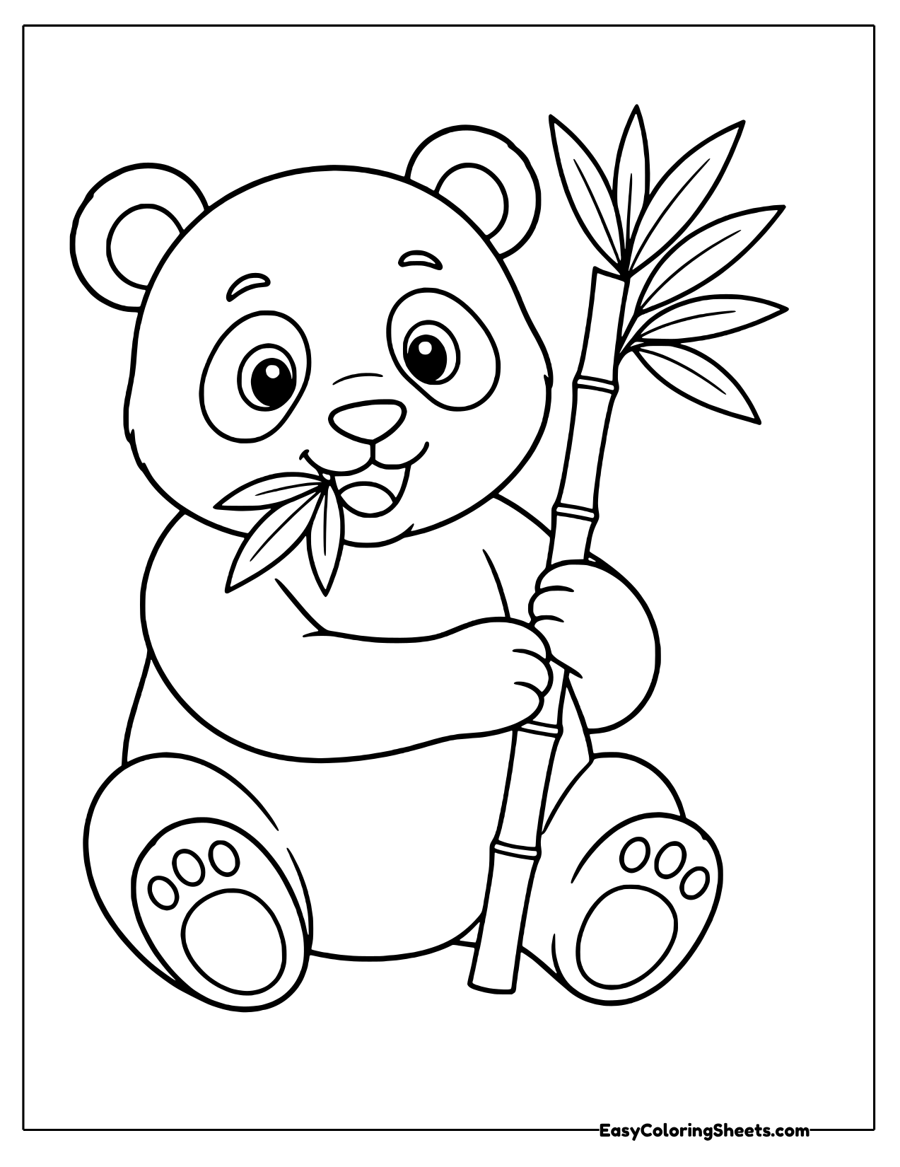 Panda munching bamboo while sitting