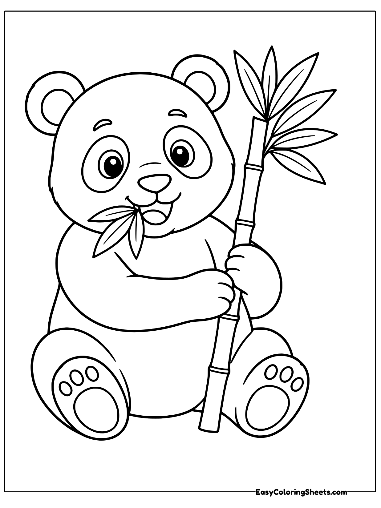 A panda sits and holds a tall bamboo stalk while chewing on a leafy end.