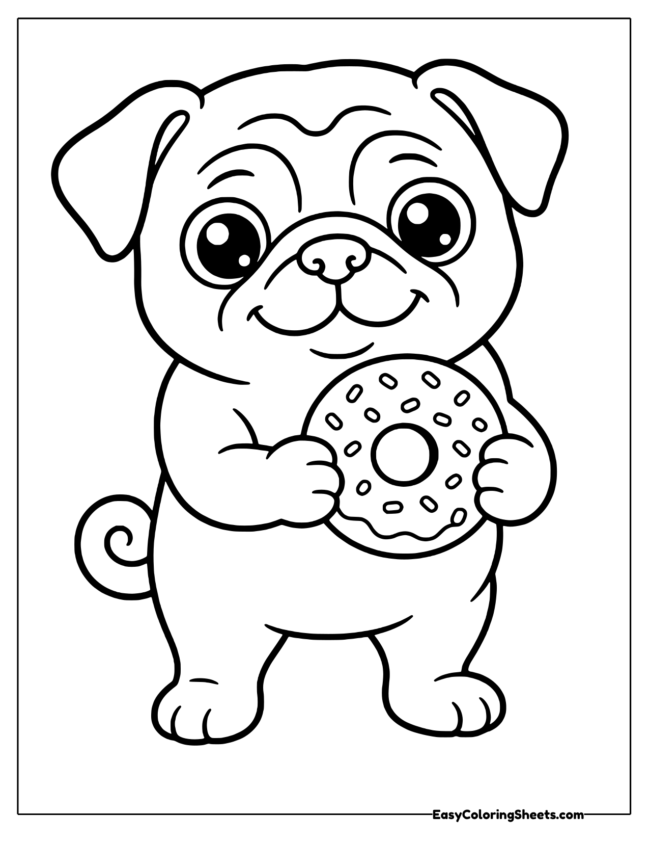 A happy pug with big round eyes and a curly tail holds a frosted donut covered in sprinkles.