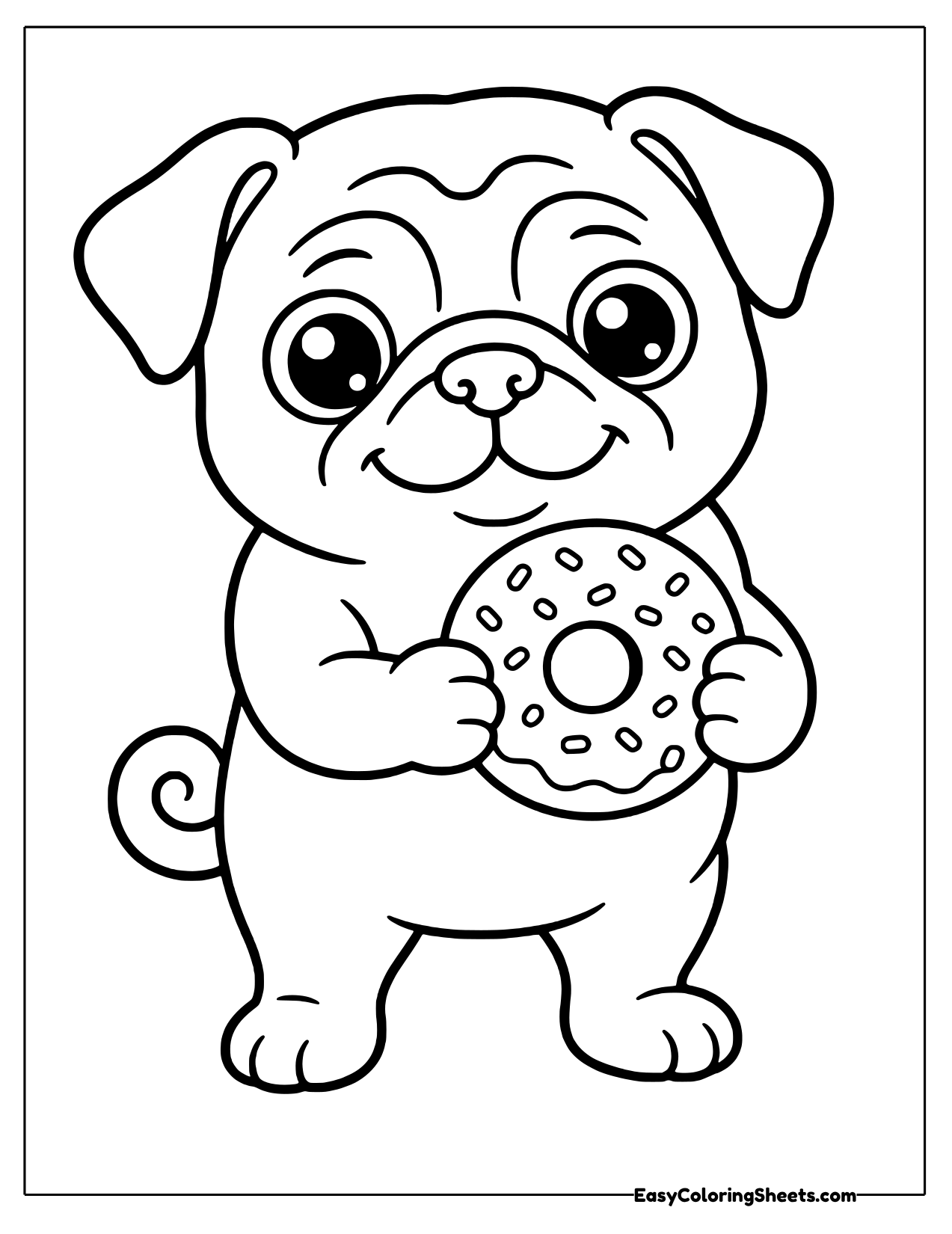Happy pug holding a frosted donut covered in sprinkles