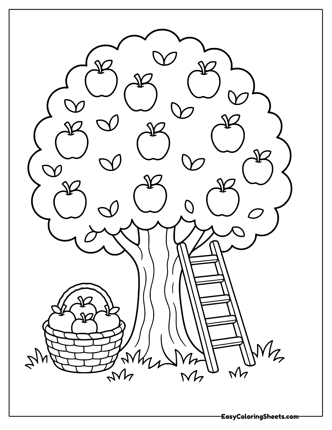 Apple tree with a ladder and a basket of apples
