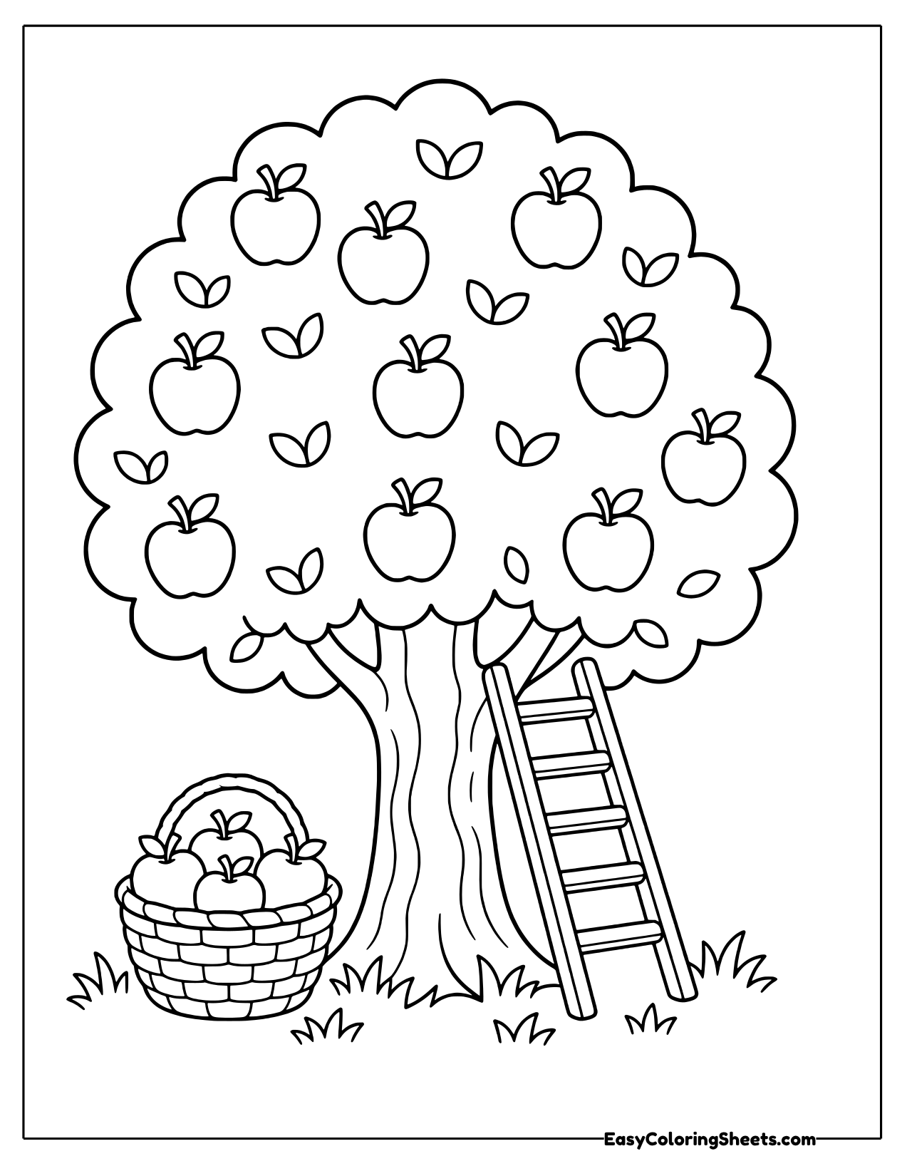 Apple tree with a ladder and a basket of apples