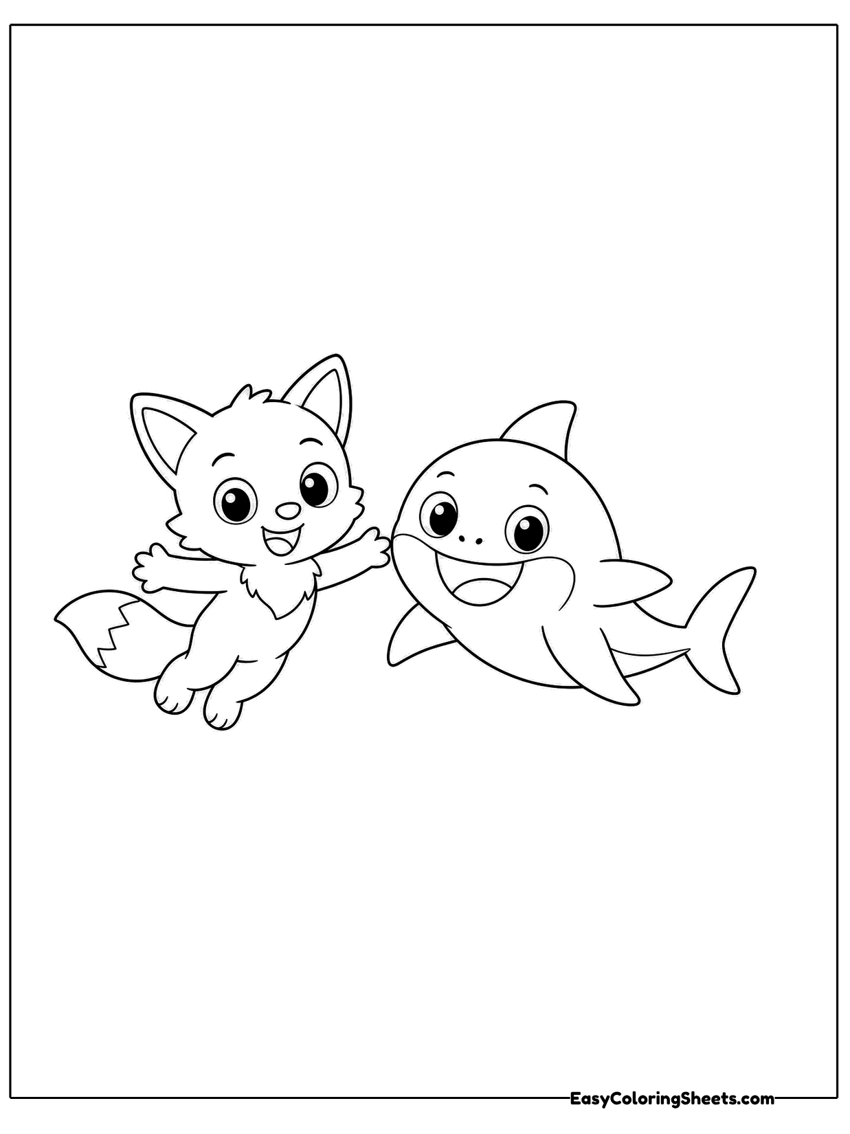 A small fox and a smiling baby shark swim together.