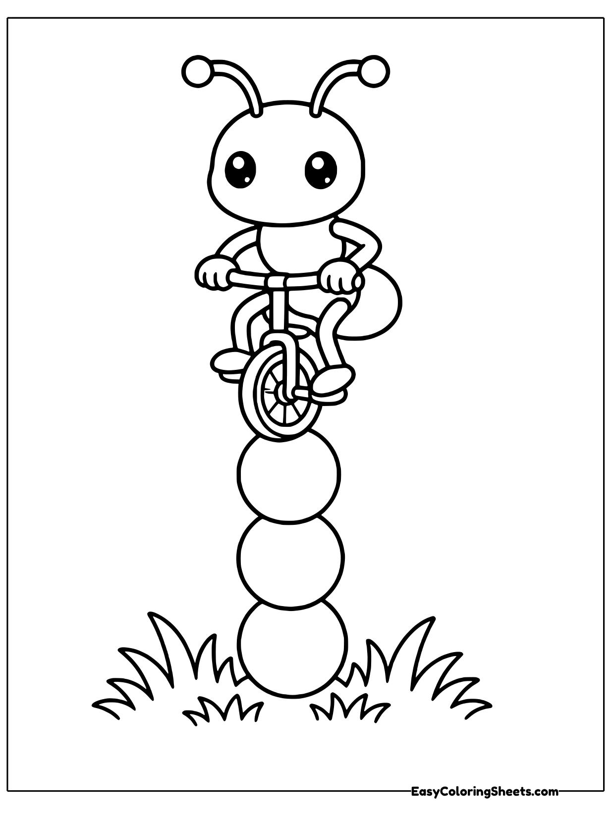 A cheerful ant pedals a unicycle on top of a tall stack of balls, balancing like a circus performer above a patch of grass.