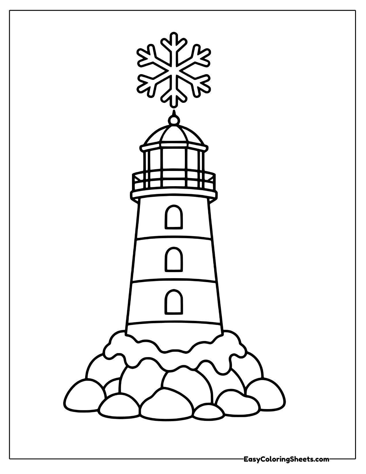 Striped lighthouse topped with a snowflake