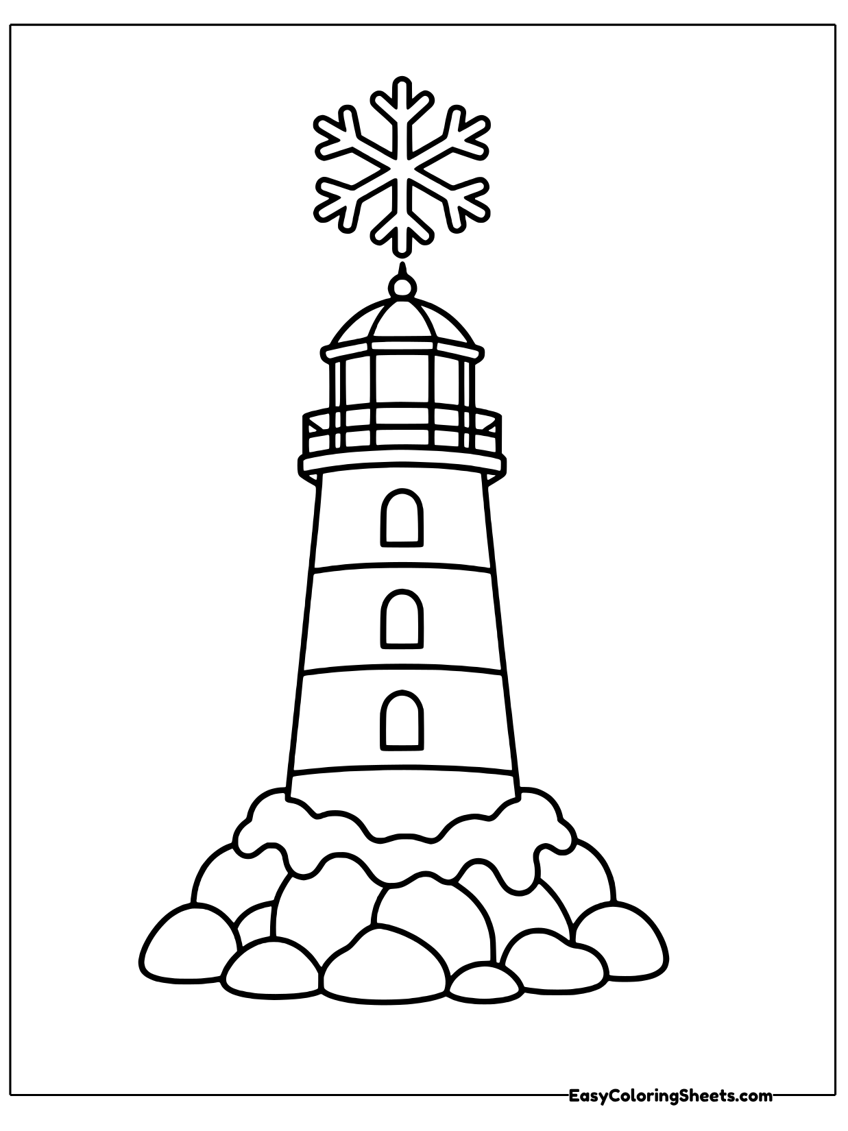 A tall lighthouse with stripes and a lantern room stands on rocks while a snowflake sparkles above it.
