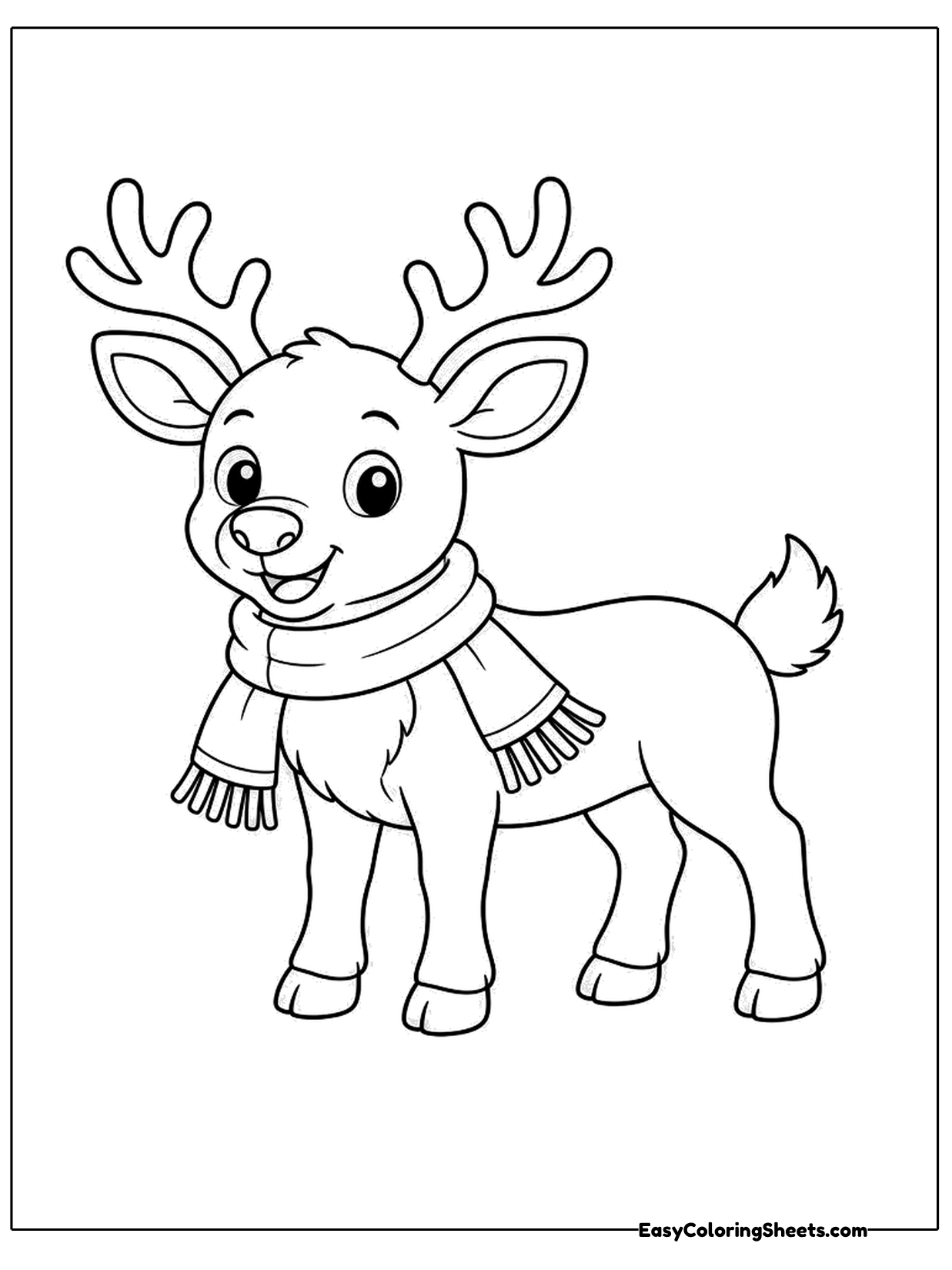 A cheerful reindeer stands on four legs wearing a fringed scarf, with a fluffy tail flicked up.