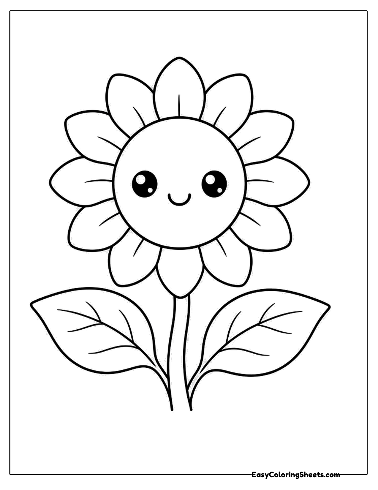 Smiling sunflower character with leaves
