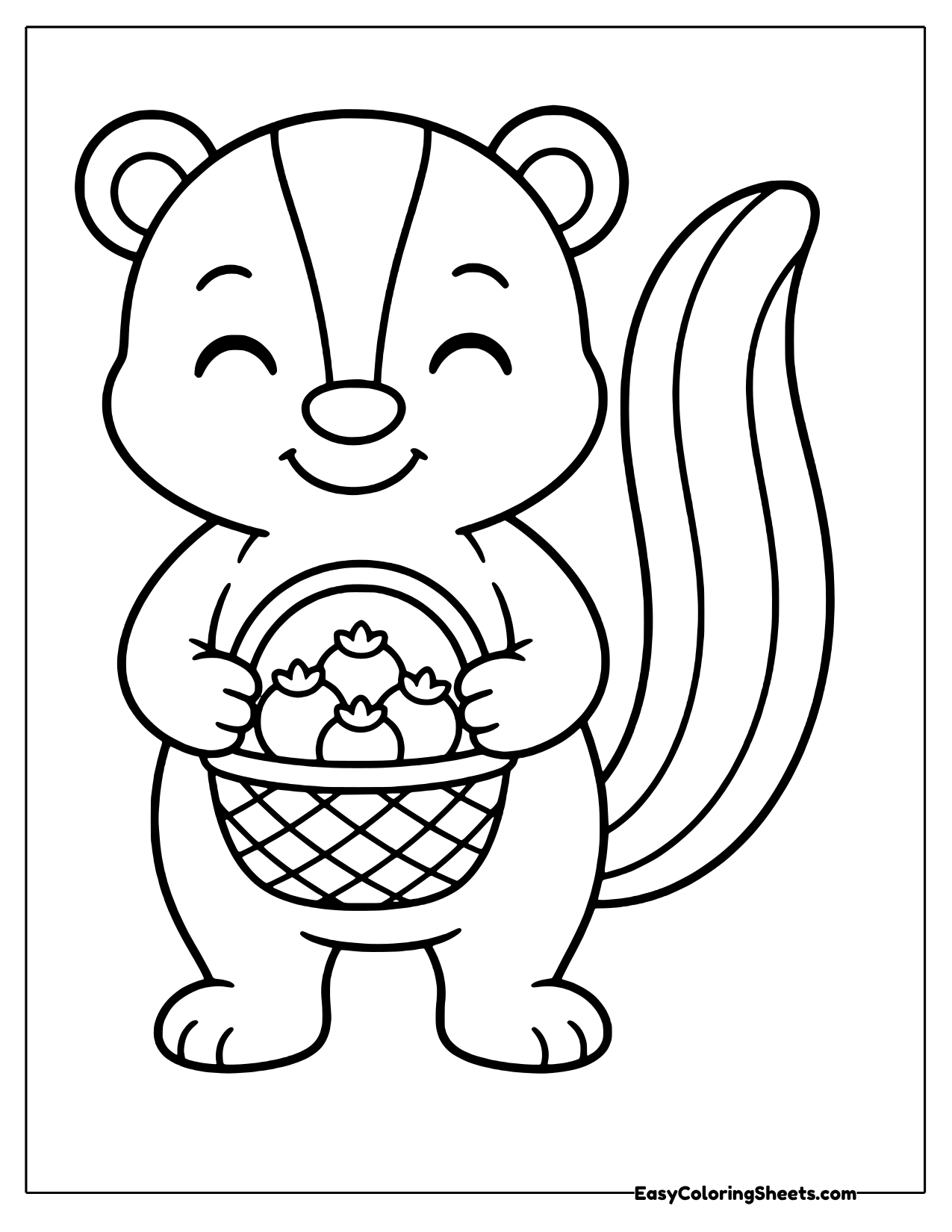 Upright skunk with a striped tail carrying a woven berry basket