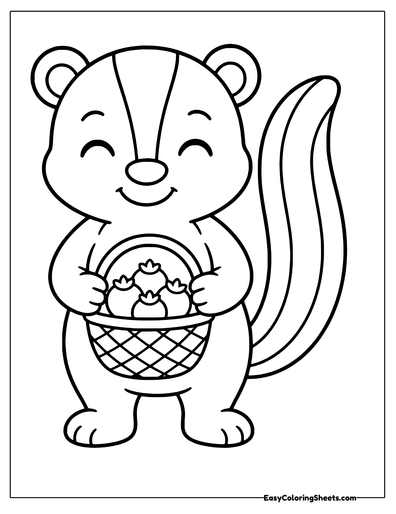 Upright skunk with a striped tail carrying a woven berry basket