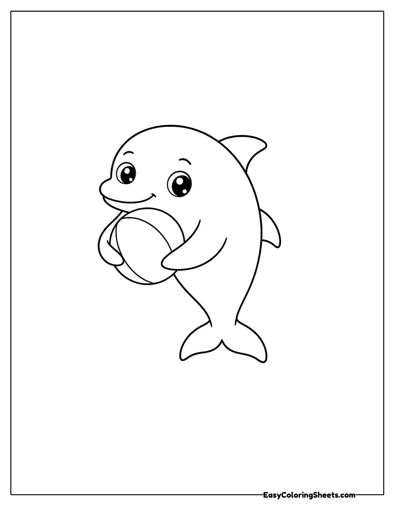 A small dolphin holds a striped ball in its flippers with a happy face.
