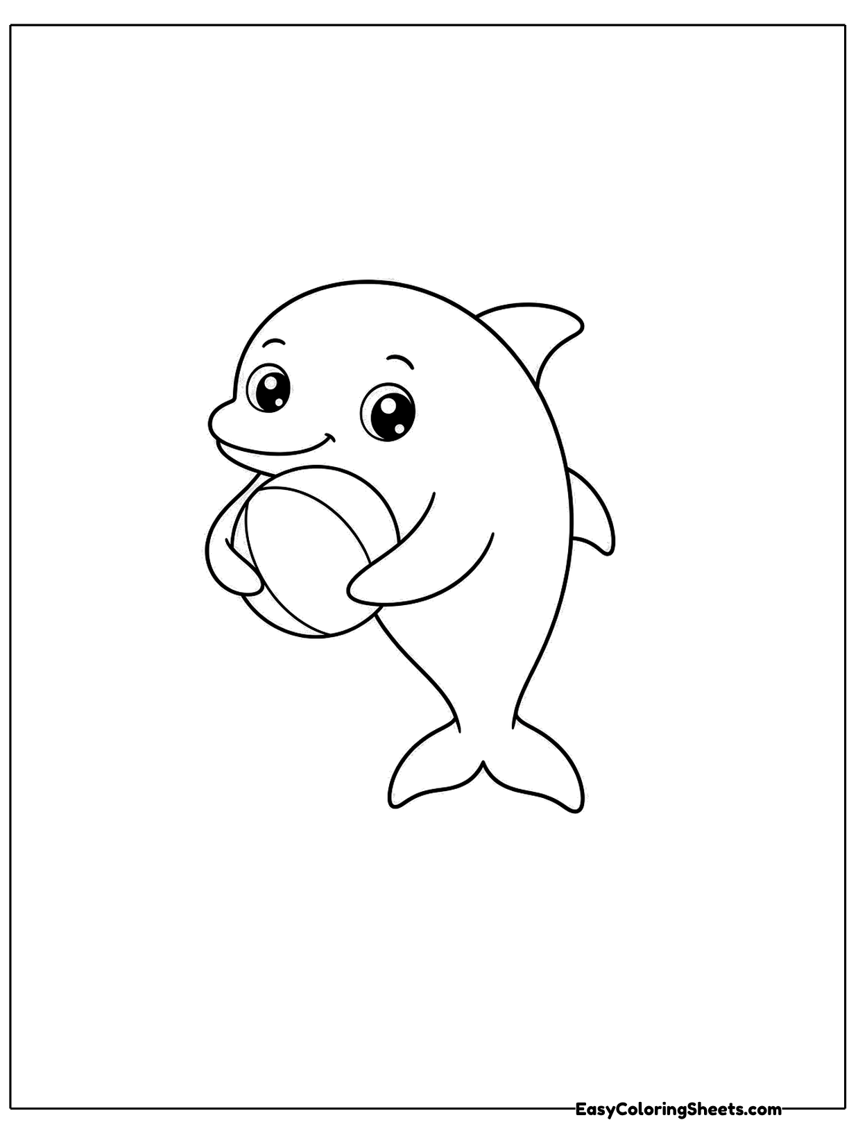 A small dolphin holds a striped ball in its flippers with a happy face.