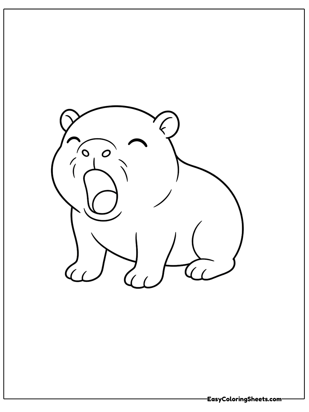 A chubby capybara sits on its haunches and lets out a huge yawn with its eyes squeezed shut.