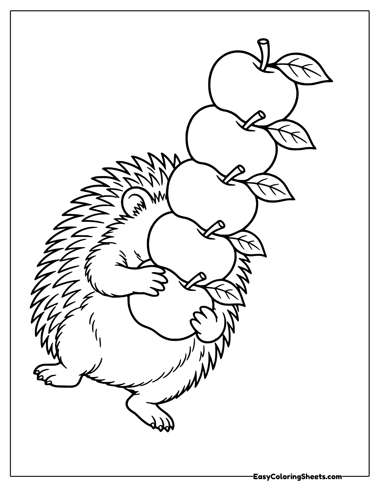 Hedgehog beside a tall stack of apples with stems and leaves
