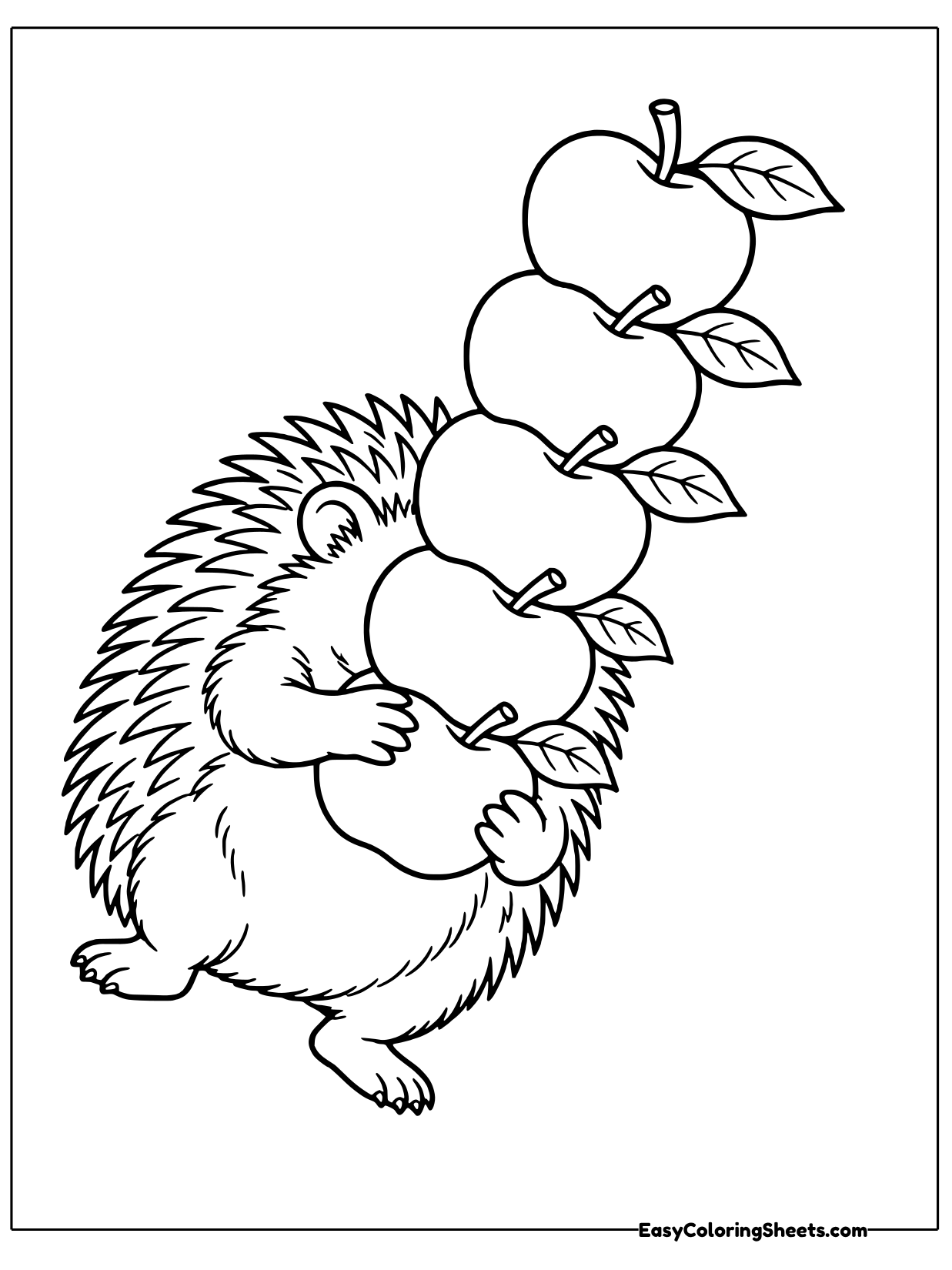 A hedgehog stands beside a tall tower of whole apples, each with a stem and a small leaf, balanced one on top of another.