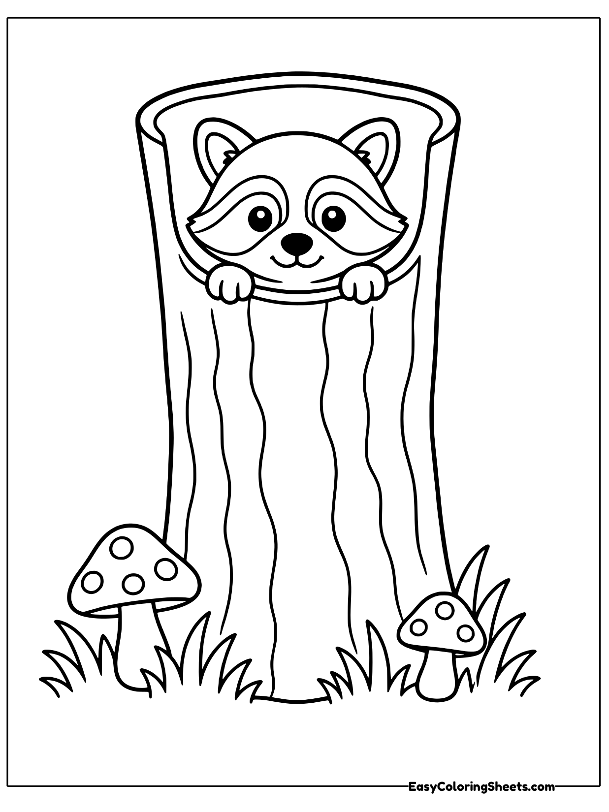 A raccoon peeks out of the top of a tall hollow log with mushrooms growing at its base.