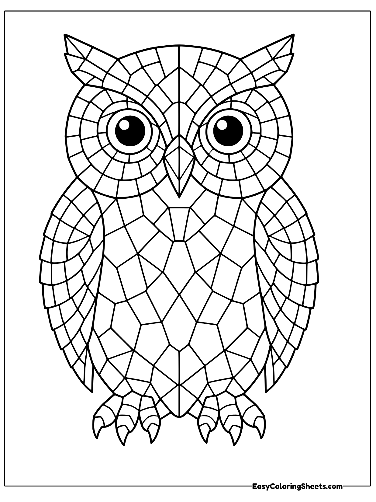 A standing owl is filled with mosaic tiles, with large round eyes and ear tufts drawn clearly.