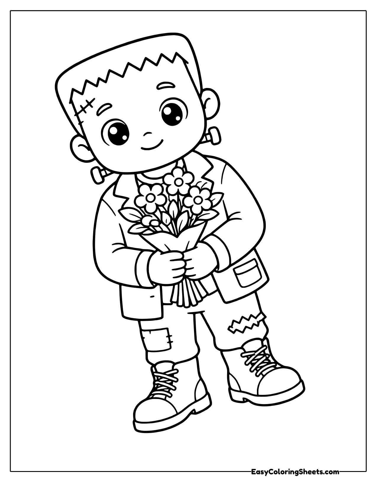 Friendly monster holding a bouquet of flowers