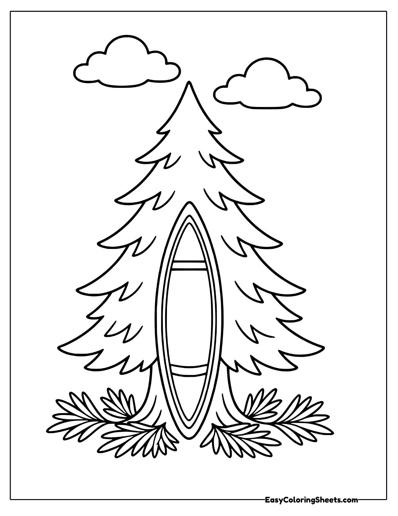 Canoe leaning against a pine tree