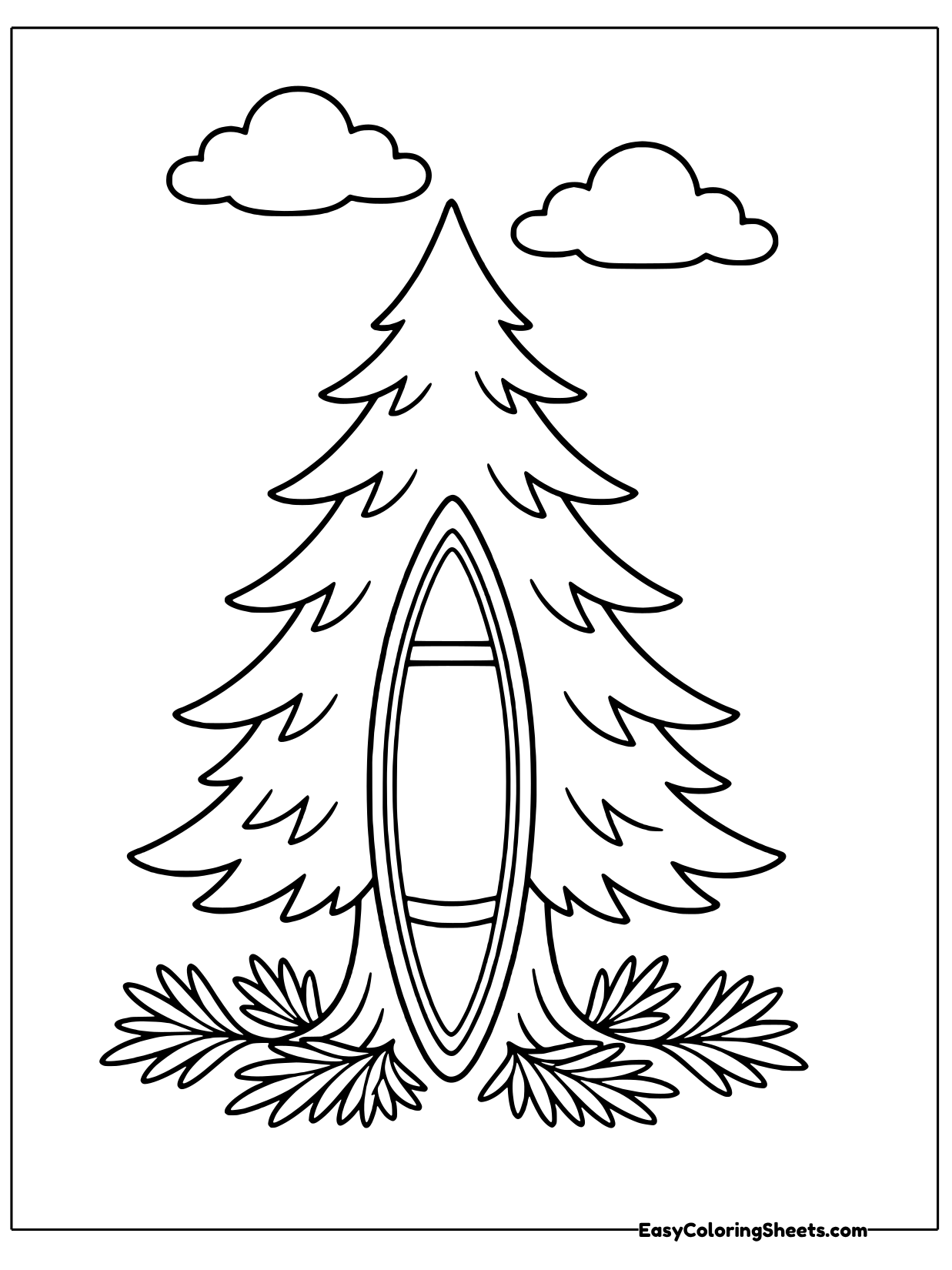 A canoe leans against a tall pine tree with layered branches, with clouds floating in the sky.