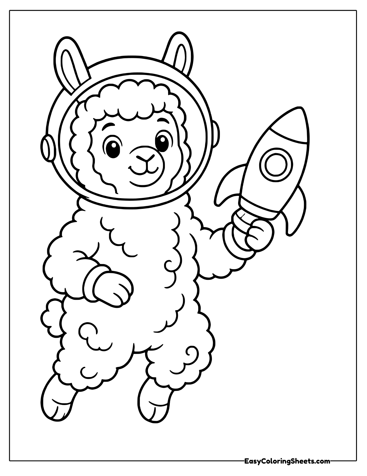 Alpaca astronaut in a helmet holding a small rocket
